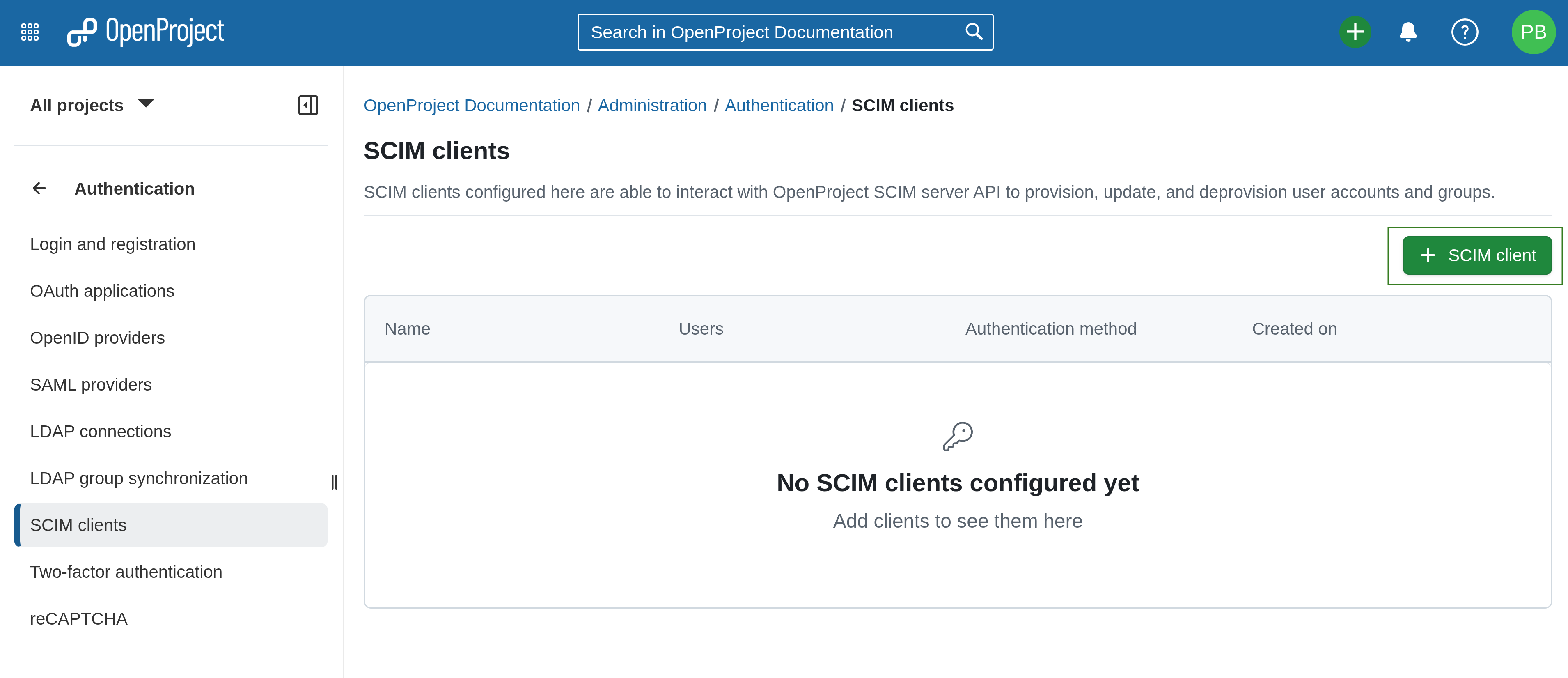 A button to add a SCIM client on a SCIM clients index page under authentication settings in OpenProject administration