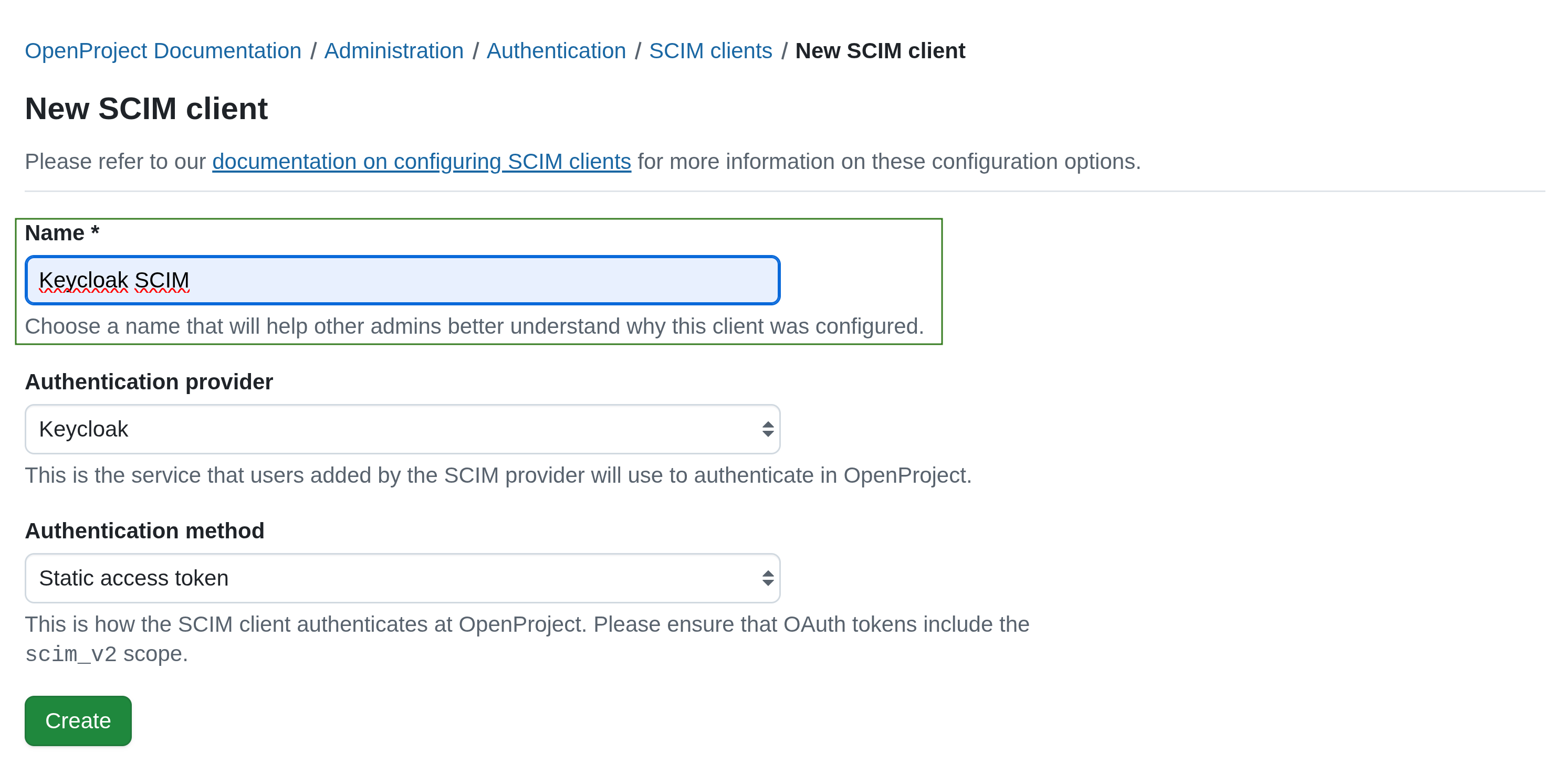 A SCIM client creation form in OpenProject administration, with the Name field highlighted and filled out