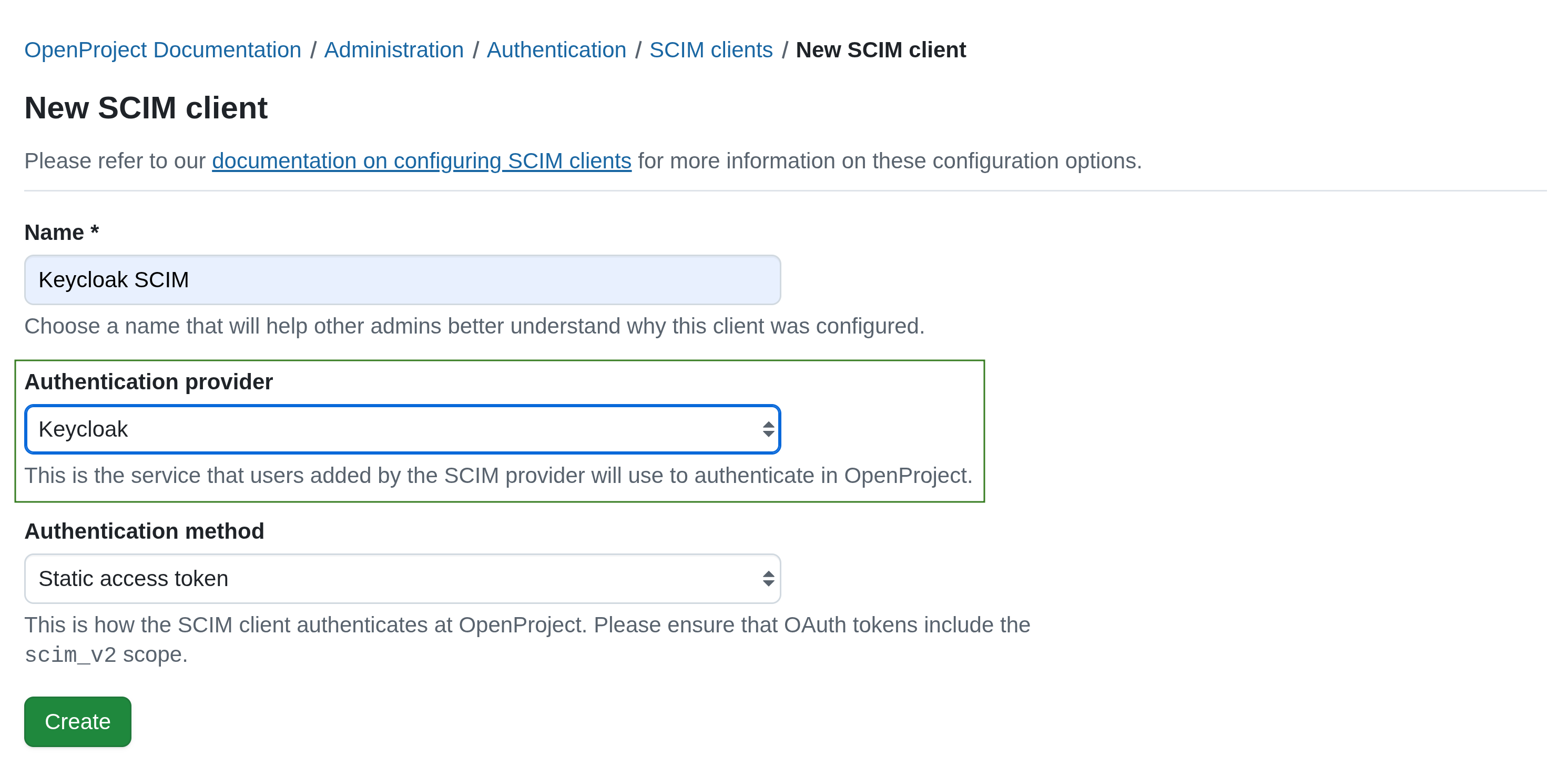 A SCIM client creation form in OpenProject administration, with the “Authentication provider” field highlighted and filled out