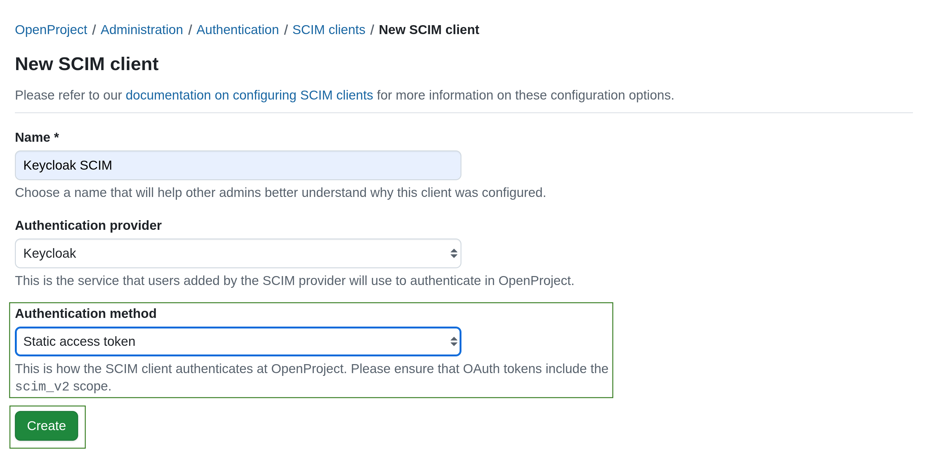 A SCIM client creation form in OpenProject administration, with the “Static access token” chosen as the authentication method