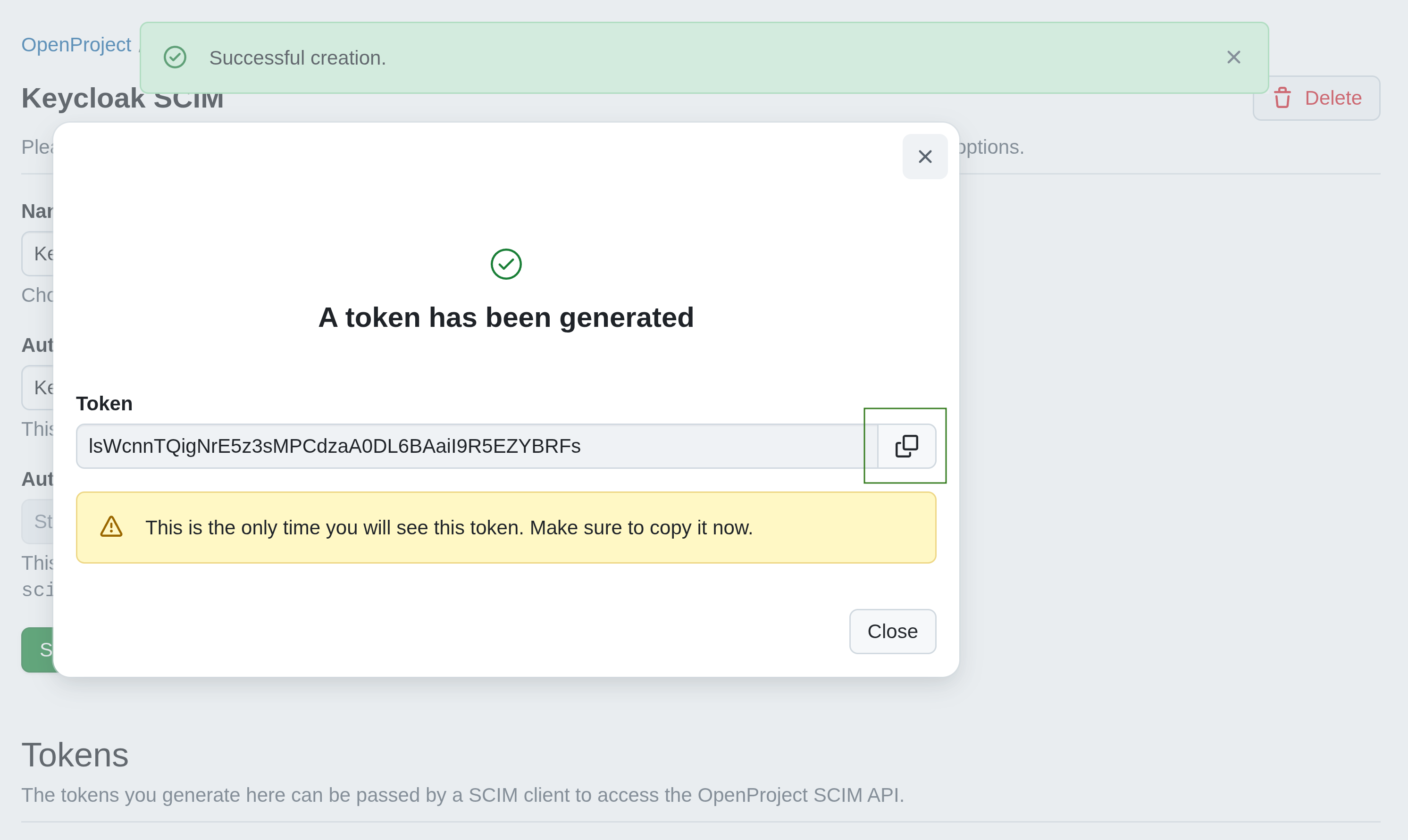 Add SCIM client. Creation form. Static access token. Copy token.
