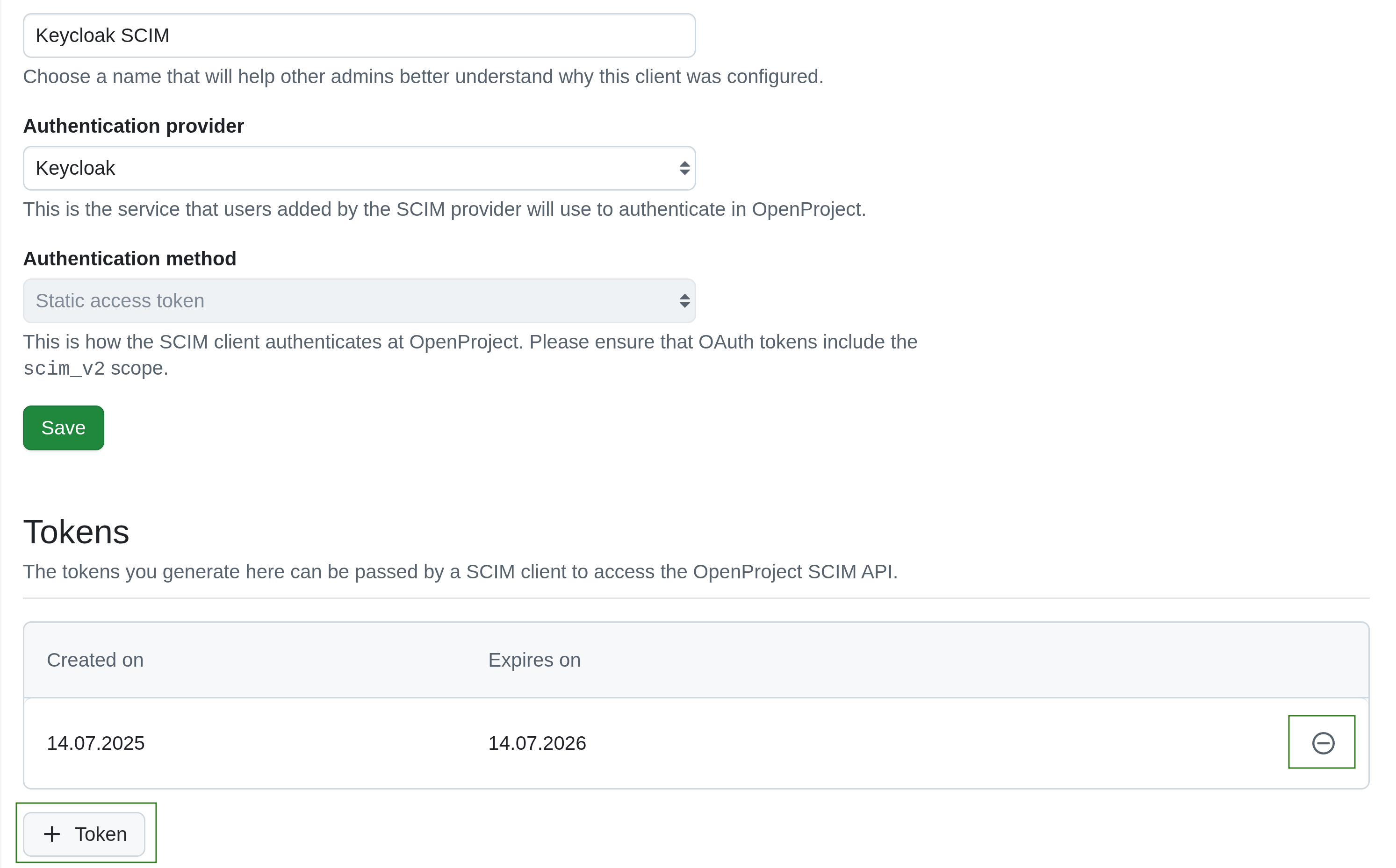 Add or revoke static access token on a SCIM client detailed from under administration settings in OpenProject administration