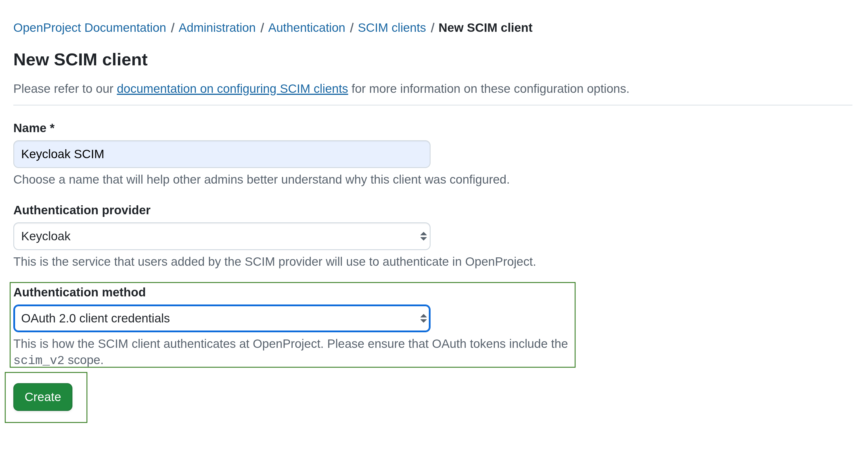 Add SCIM client. Creation form. Client credentials. Generate client credentials.