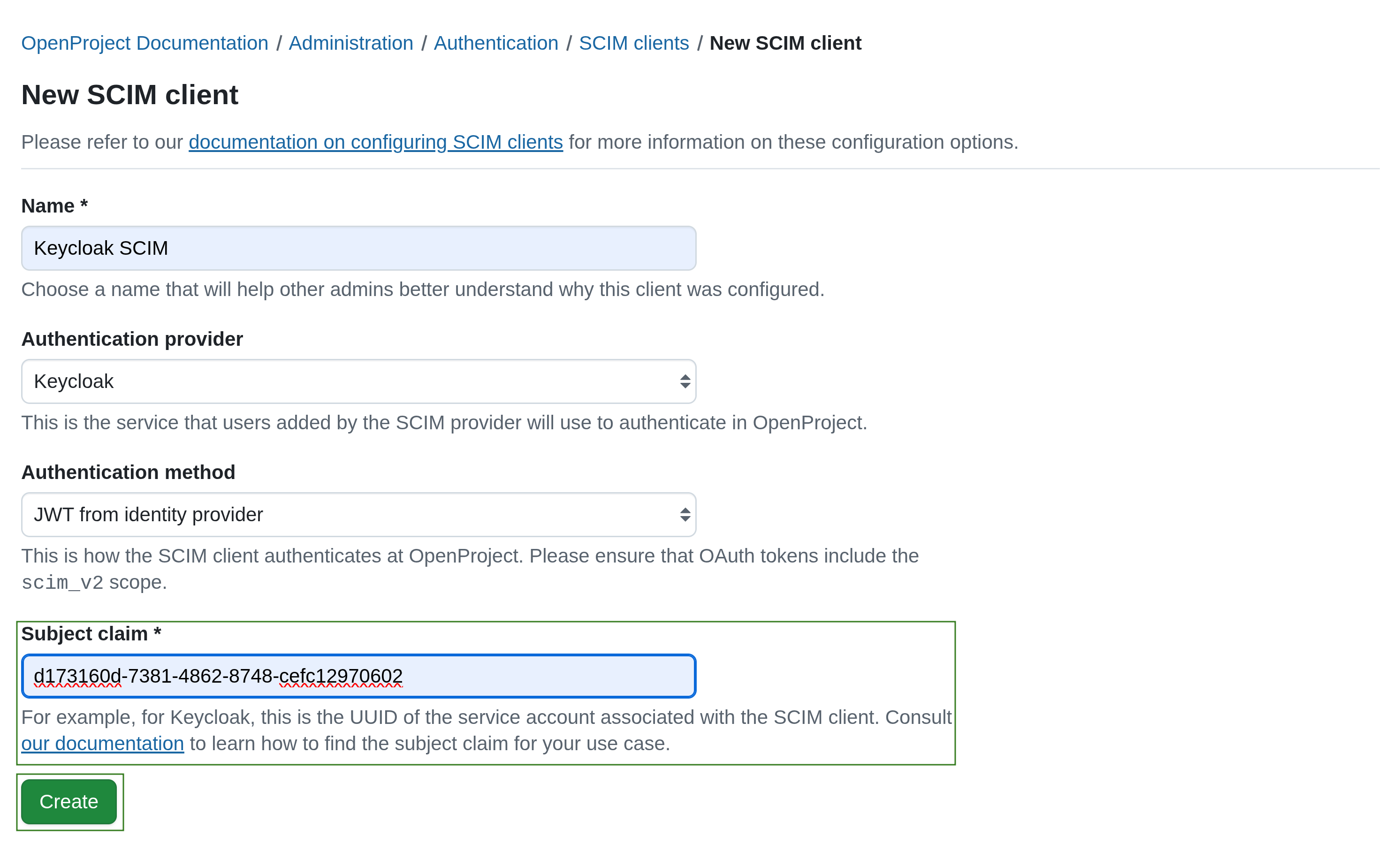 Add SCIM client. Creation form. JWT from identity provider. Specify Subject claim.