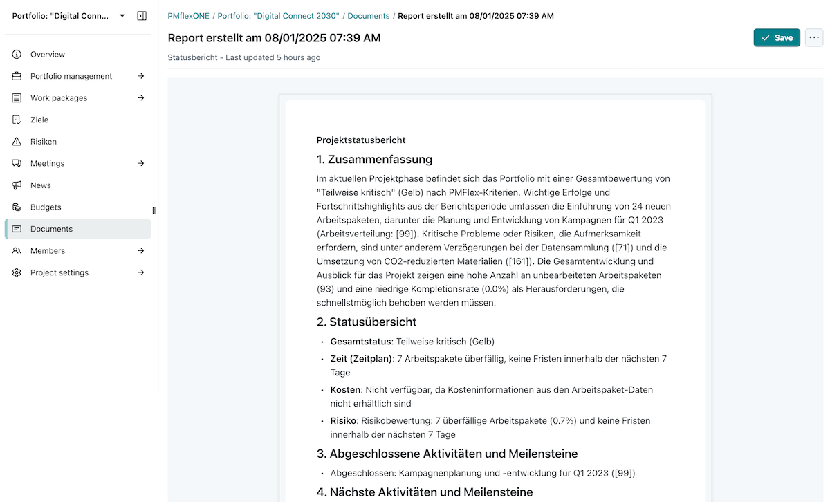 Screenshot of an OpenProject demo instance, showing a project status report (in German)