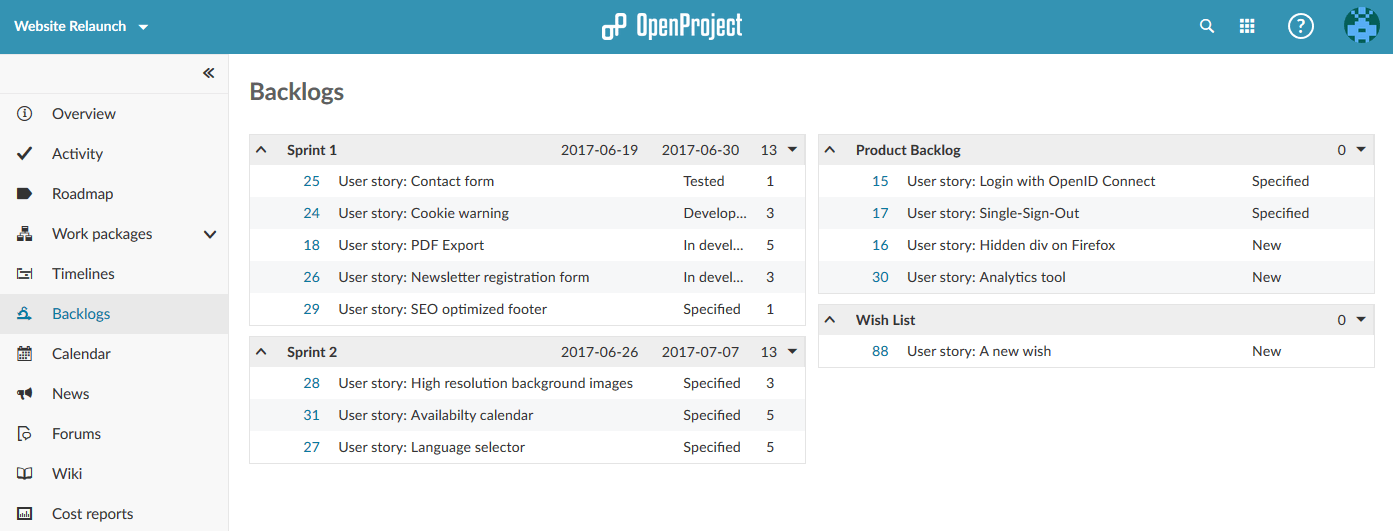 OpenProject Backlogs Backlogs