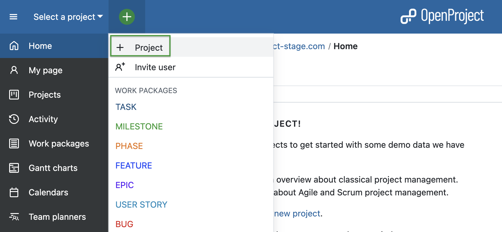 Add new project in OpenProject - via project lists dropdown menu