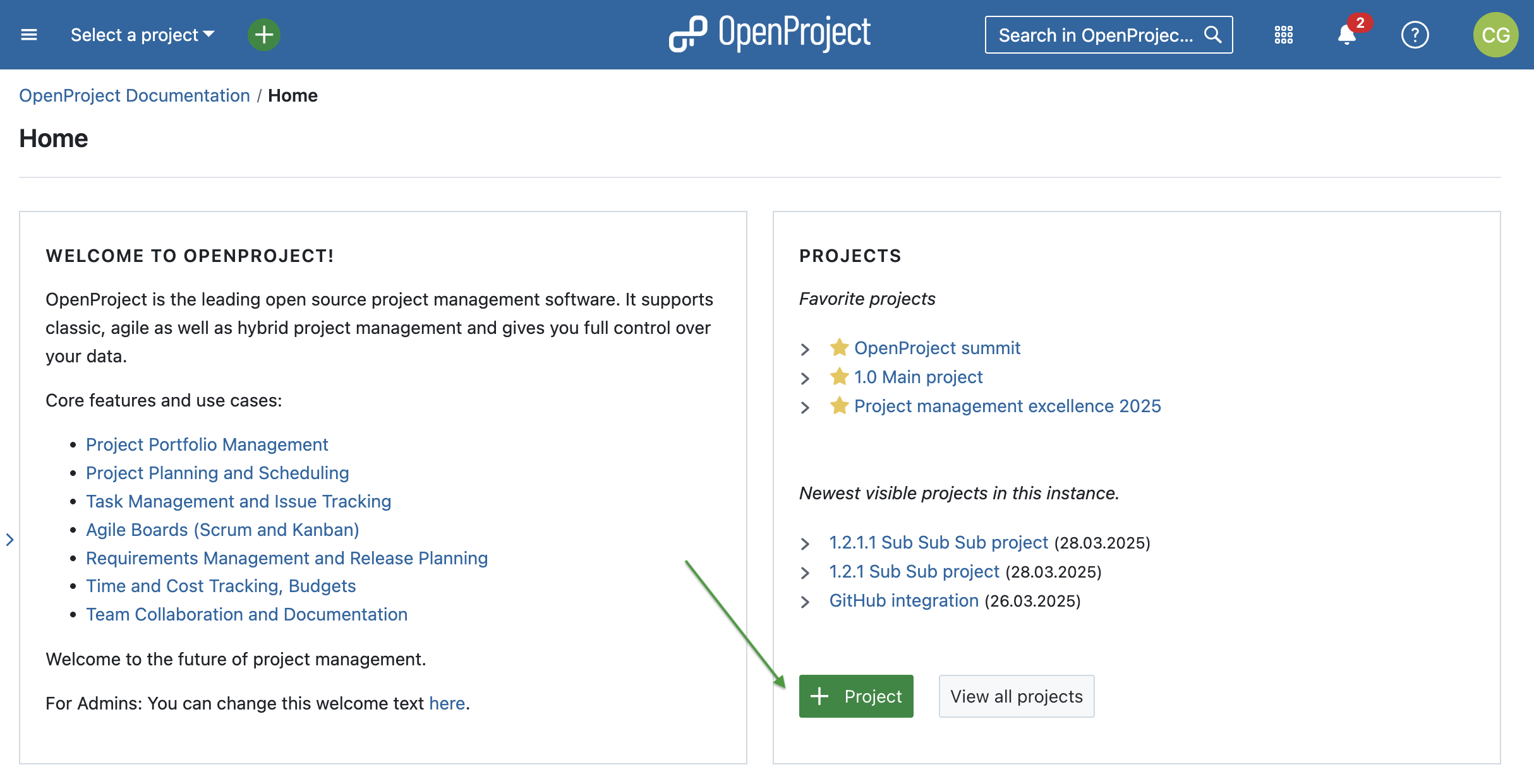 Add new project in OpenProject - via project overview page