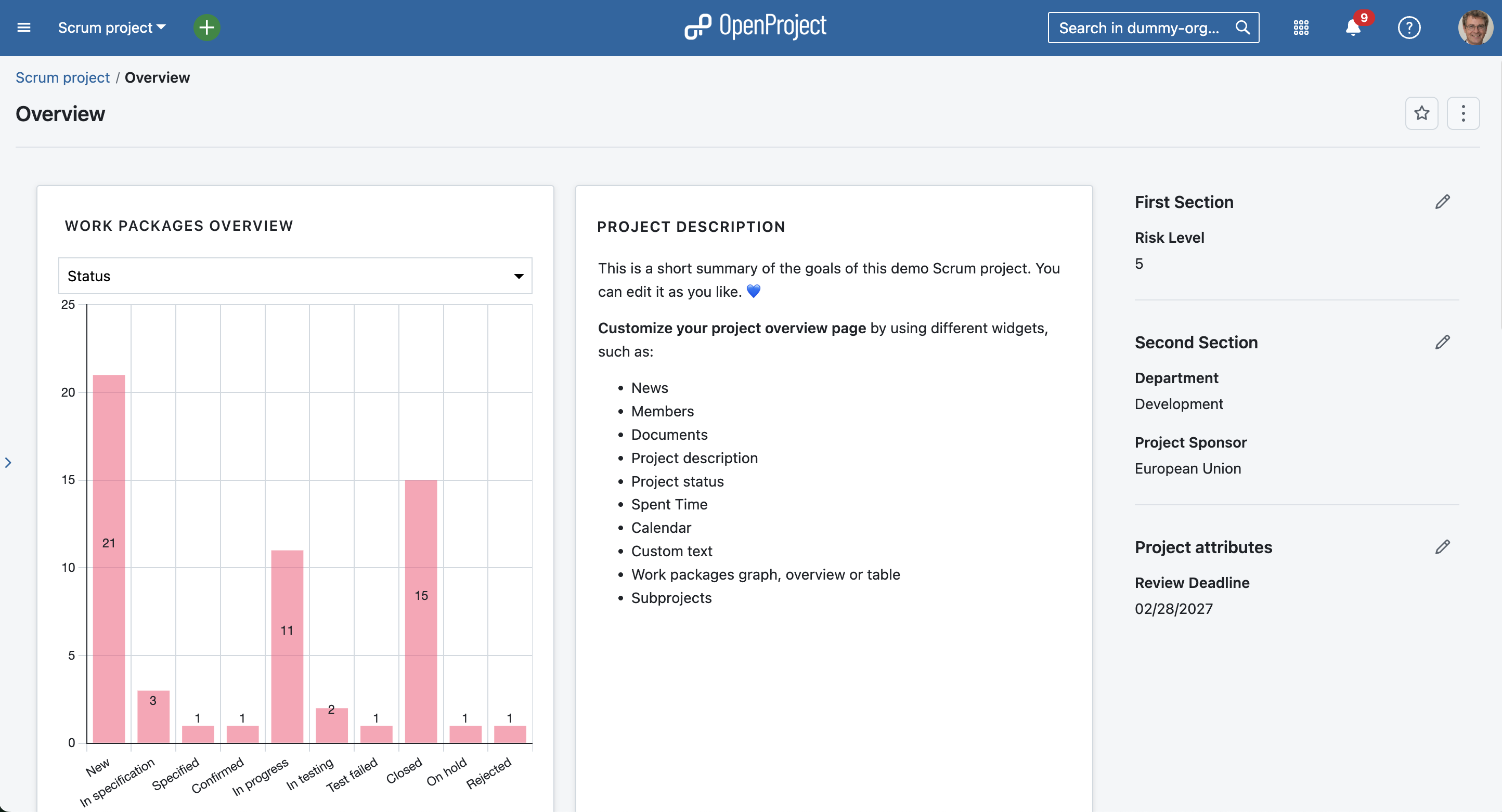 OpenProject overview page which functions as a project dashboard