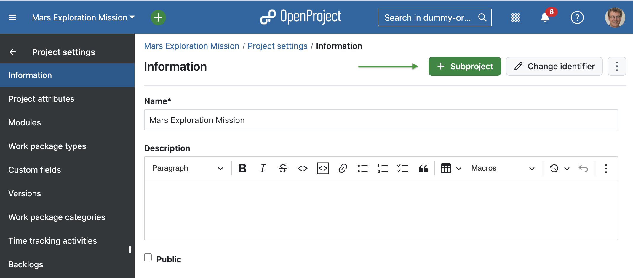 OpenProject screenshot: create subprojects in the project setting of the main project