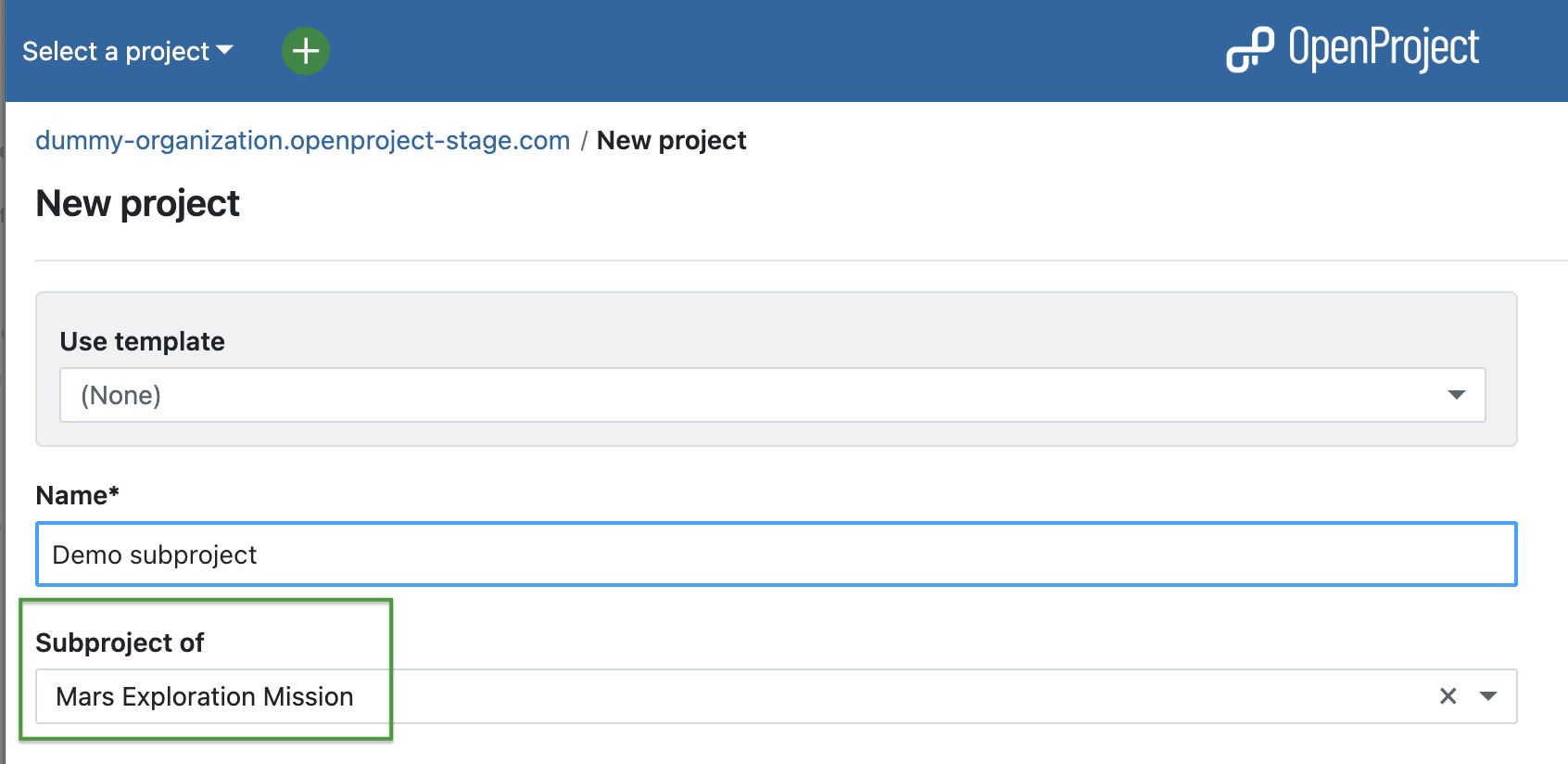 OpenProject screenshot: Define parent when creating a new project