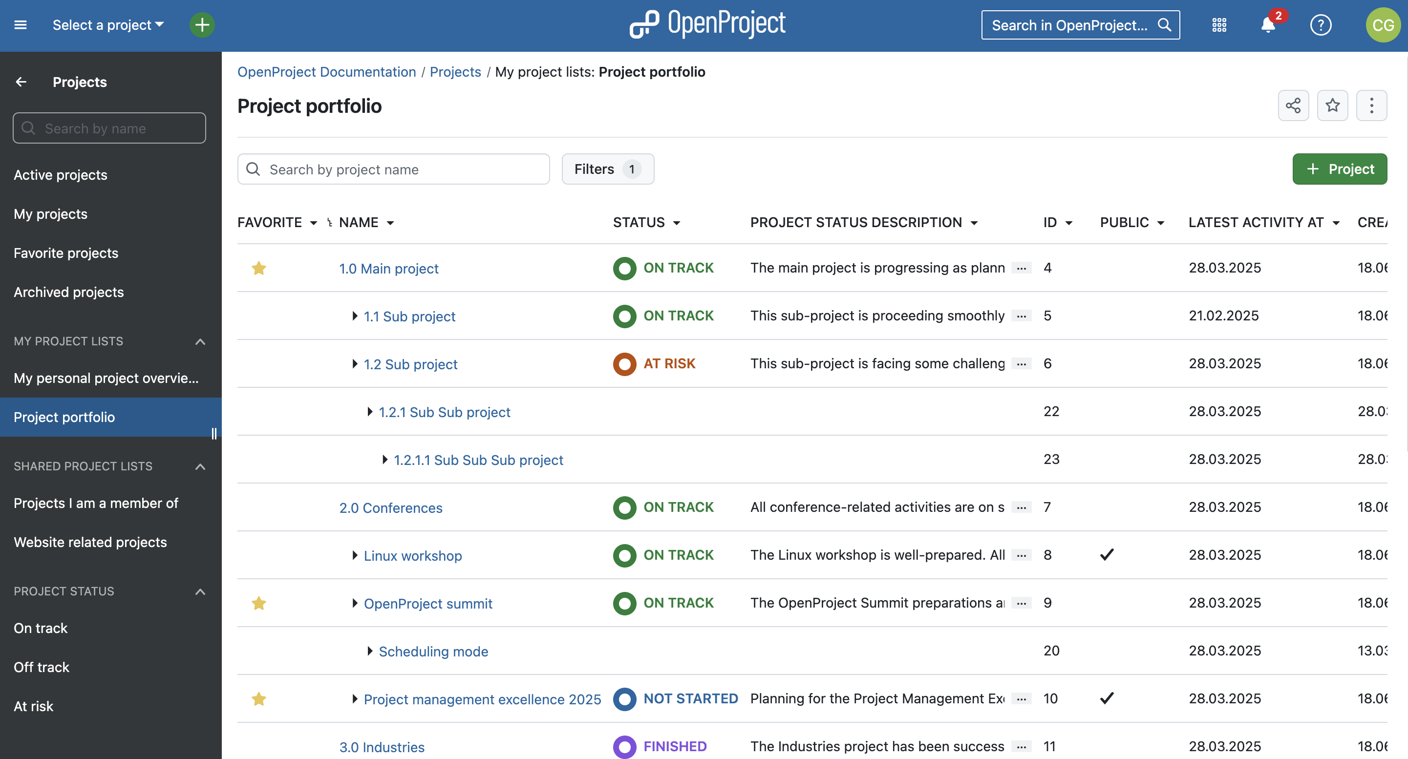 OpenProject project lists that function as a project portfolio