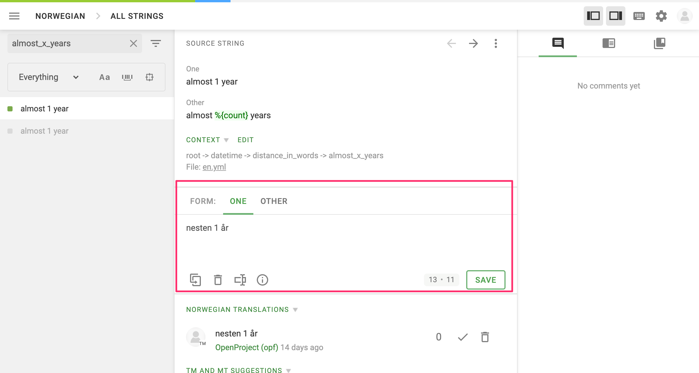 A translation string with pluralization rules crowdin-multi-translation