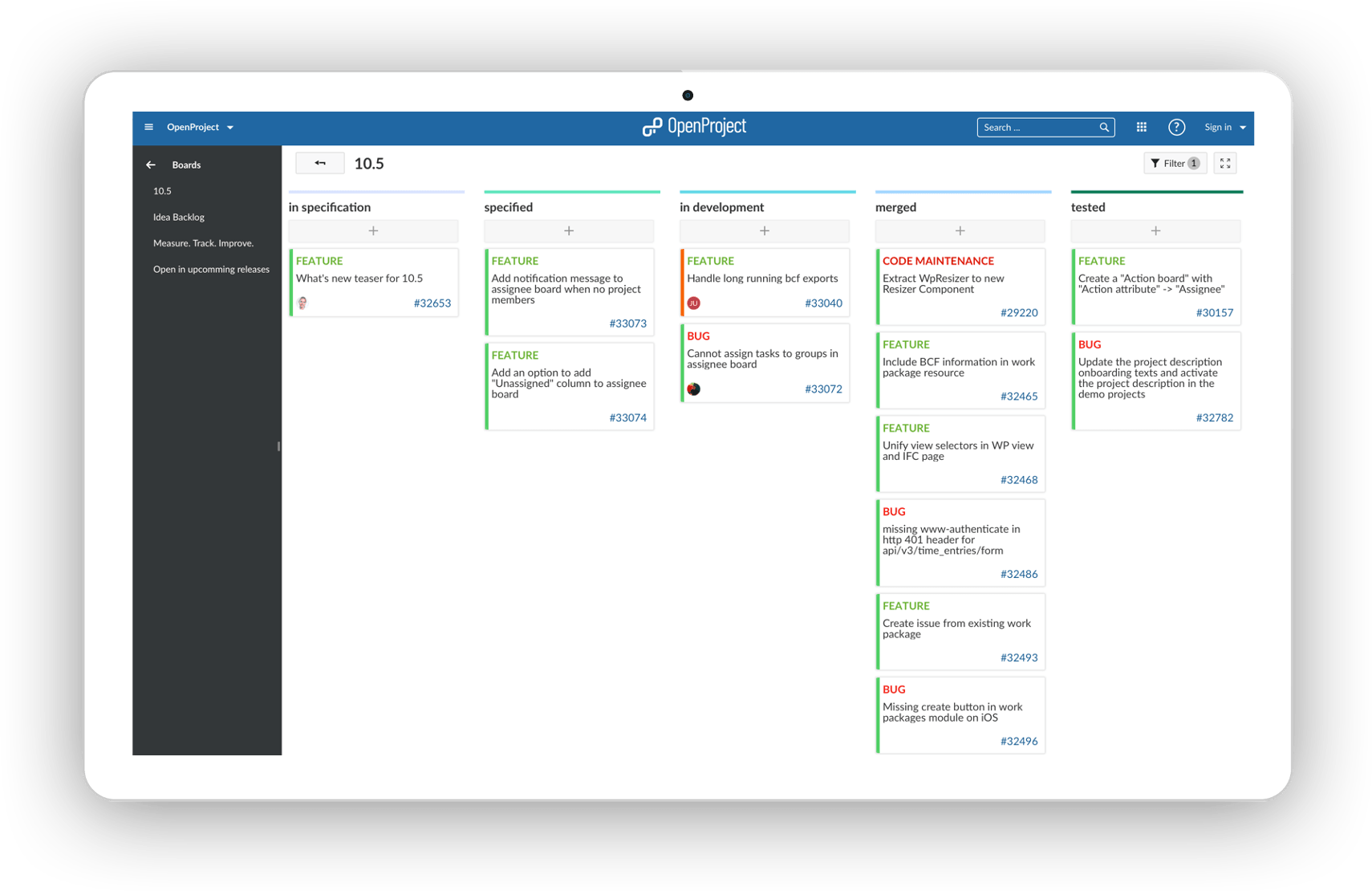 An agile board in OpenProject