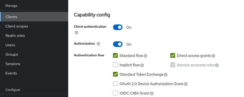 The capability config section of a client with Standard Token Exchange enabled