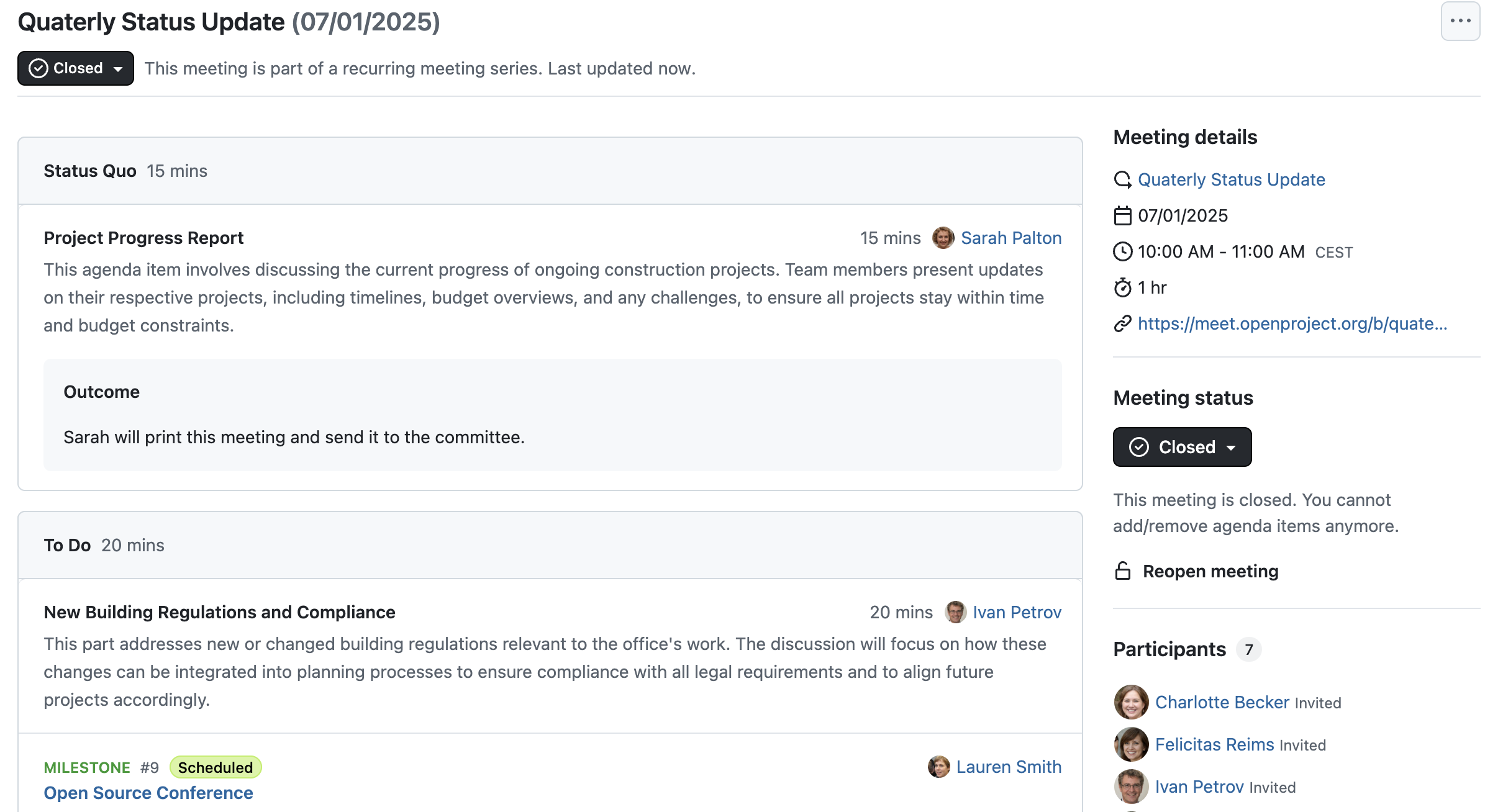 OpenProject meeting in status closed, with agenda items and outcomes