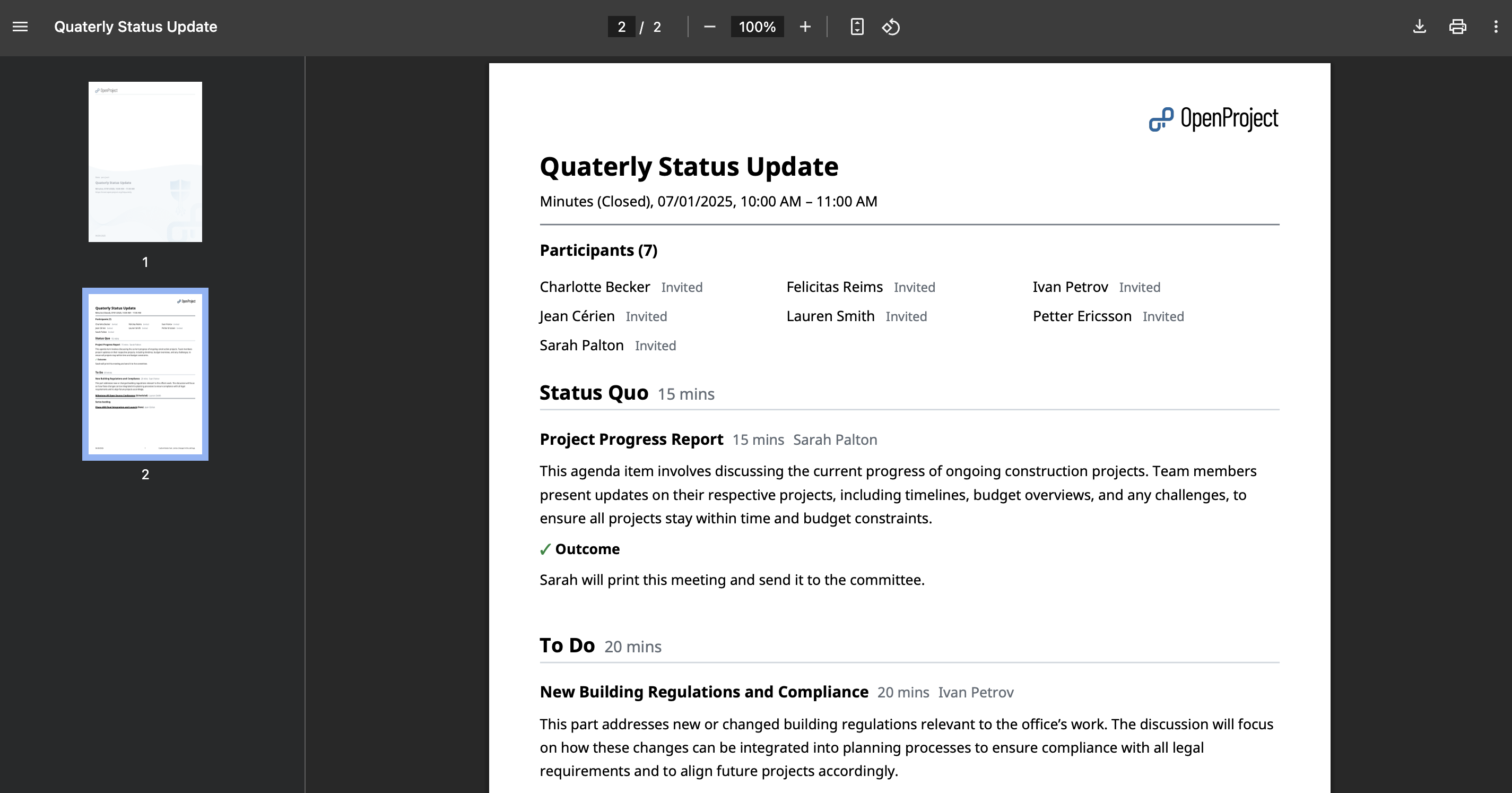 PDF view of an OpenProject meeting - with cover sheet and all selected information