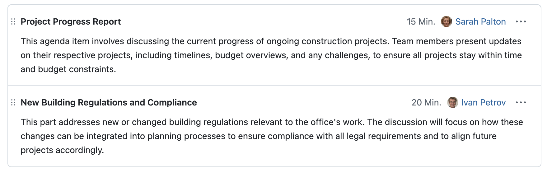 Detailed view of two agenda items in an OpenProject Meeting, showing a duration and an assignee with name and avatar