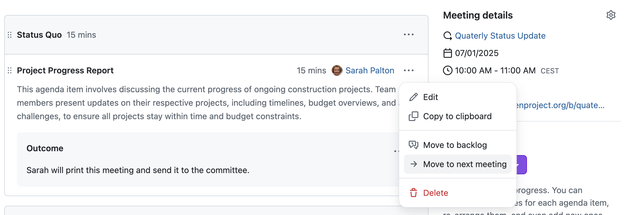 Detailed view of an OpenProject meeting with dropdown menu for an agenda item