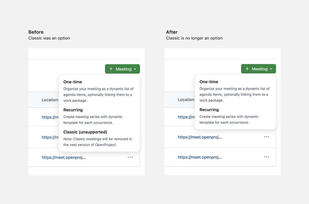 Classic meetings will no longer be a choice in the create meeting dropdown