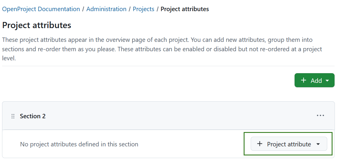 Add a new project attribute directly into an empty section in OpenProject administration