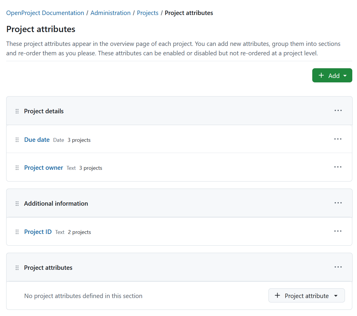 List of existing project attributes in OpenProject administration