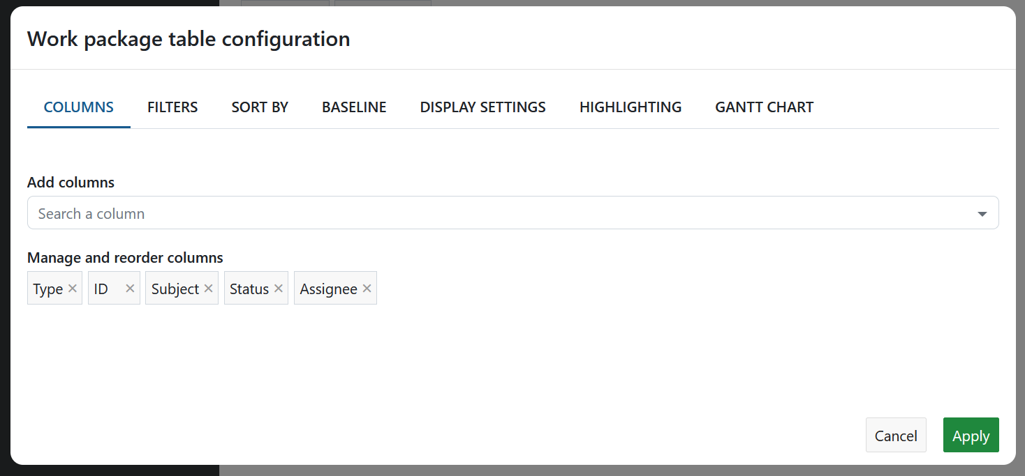 Work package table configuration in OpenProject administration