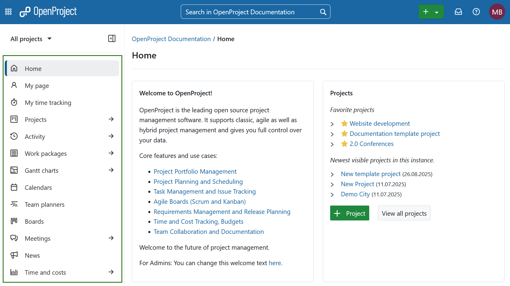 Navigating to global modules menu in OpenProject
