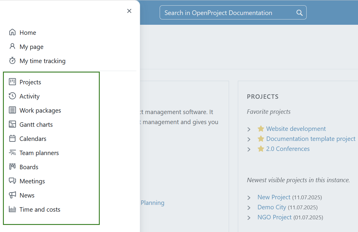 Navigating to global modules menu in OpenProject via grid icon