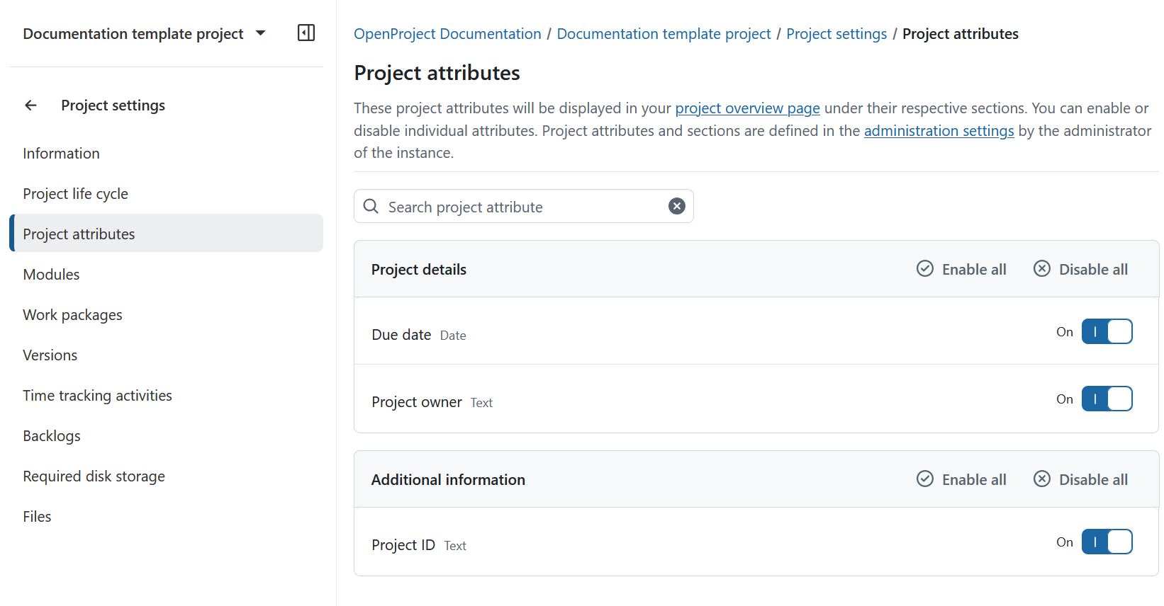 Project attribute list in Project settings