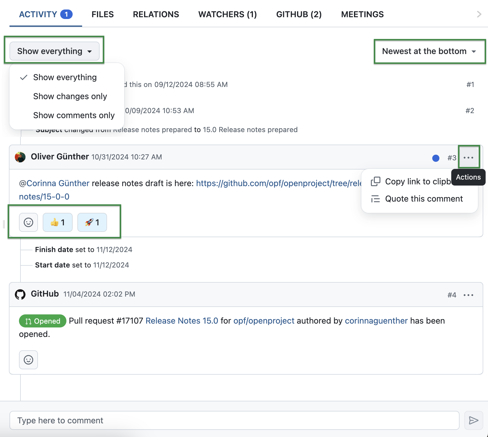 Beispiel Screenshot der Registerkarte Aktivität eines Arbeitspakets und Hervorhebung einiger Änderungen mit OpenProject 15.0