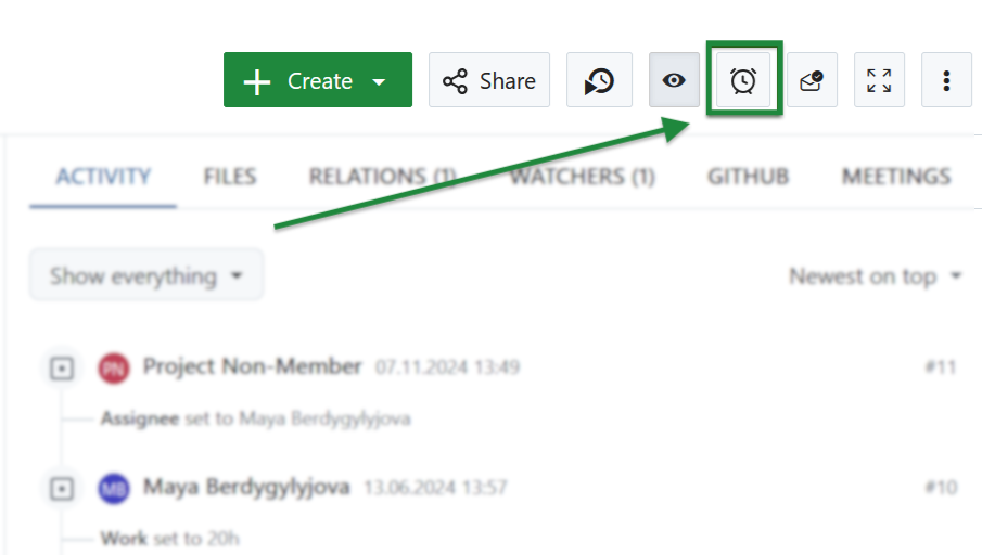 Screenshot eines Arbeitspakets, das neue Erinnerungssymbol ist hervorgehoben