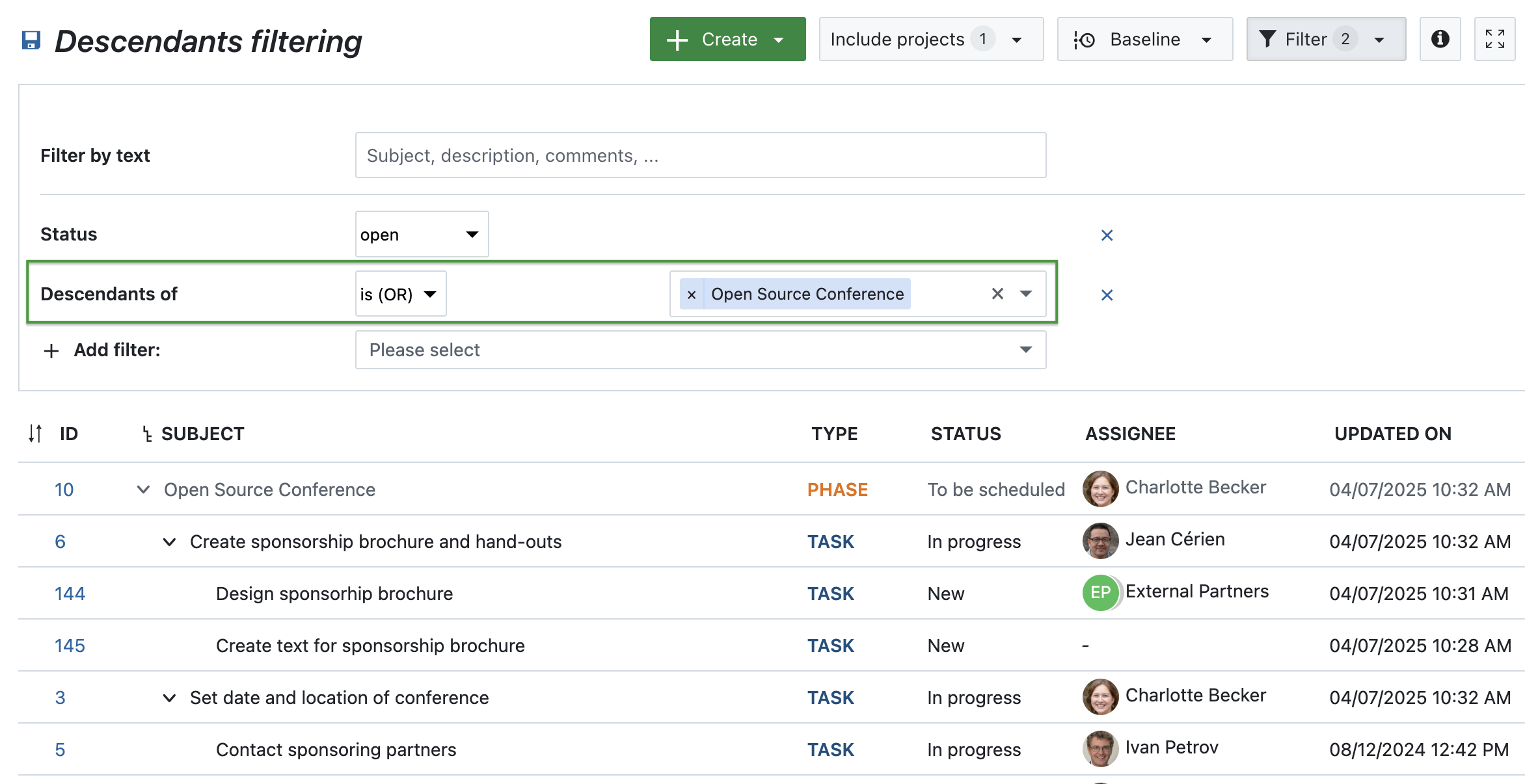 Work package table filtered for descendants of a phase