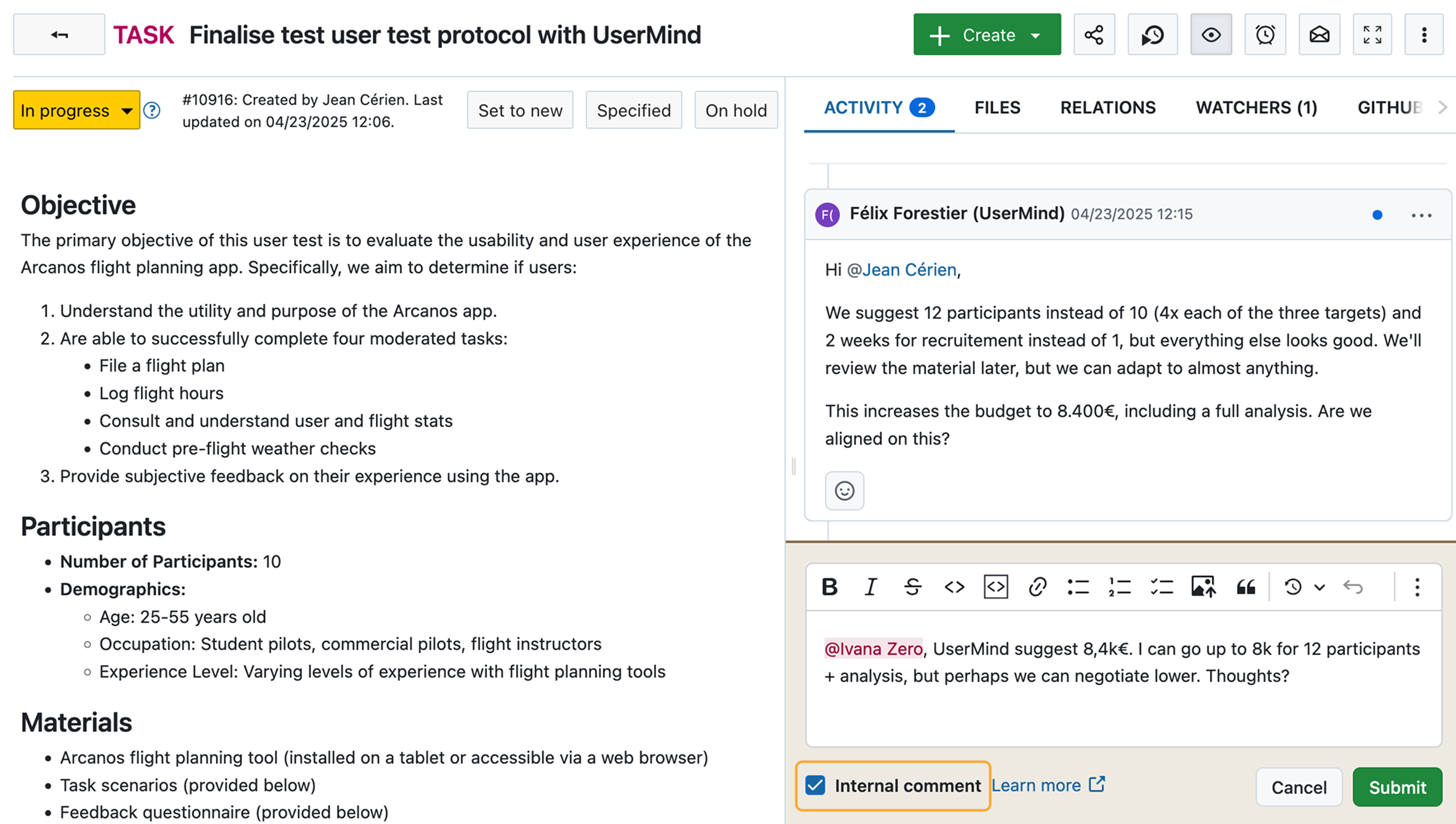 OpenProject work package with open Activity tab and an internal comment which has a different background color