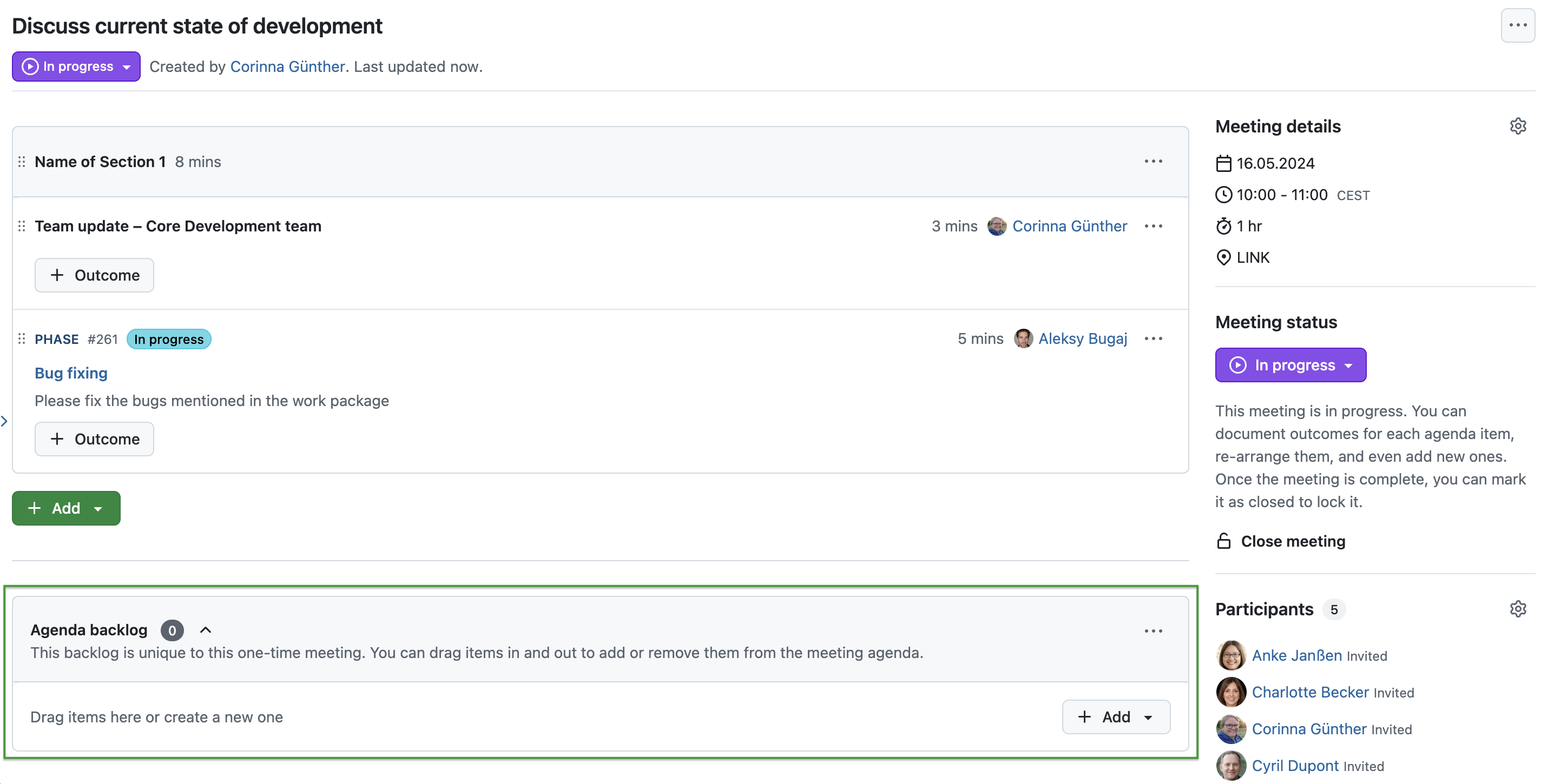 Agenda backlog for one-time meeting with options to drag items into the backlog or directly create new items