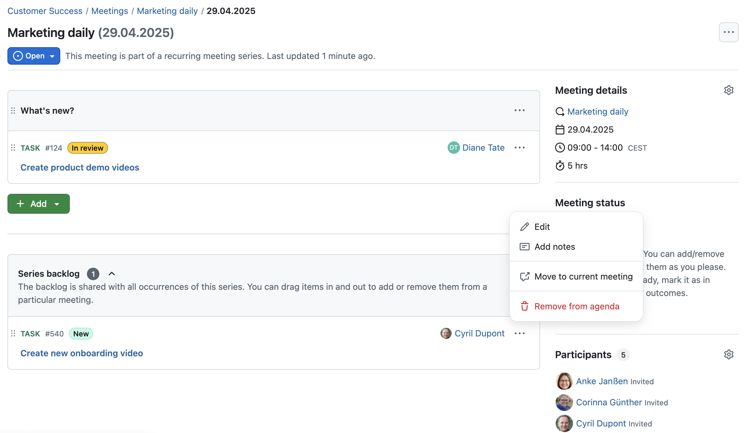 A recurring meeting in OpenProject with a Series backlog and and options to Edit, add notes, Move to current meeting or Remove from agenda.