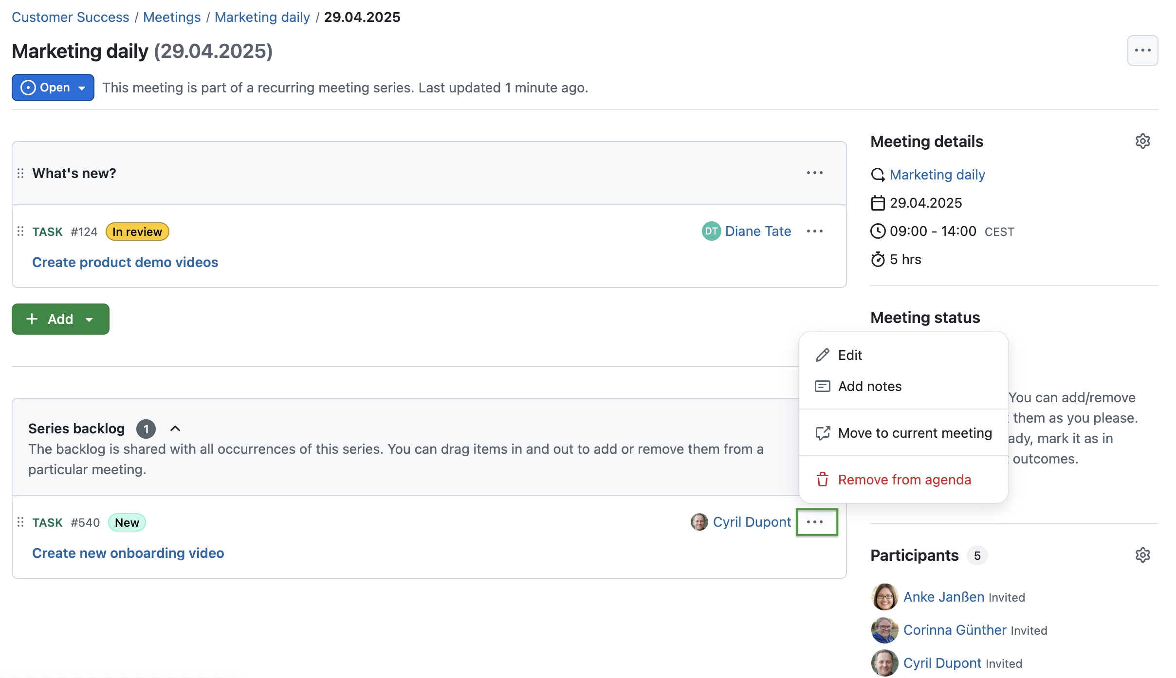 Series backlog for recurring meeting with highlighted option menu of an agenda item: Edit, Add notes, Move to current meeting, Remove from agenda