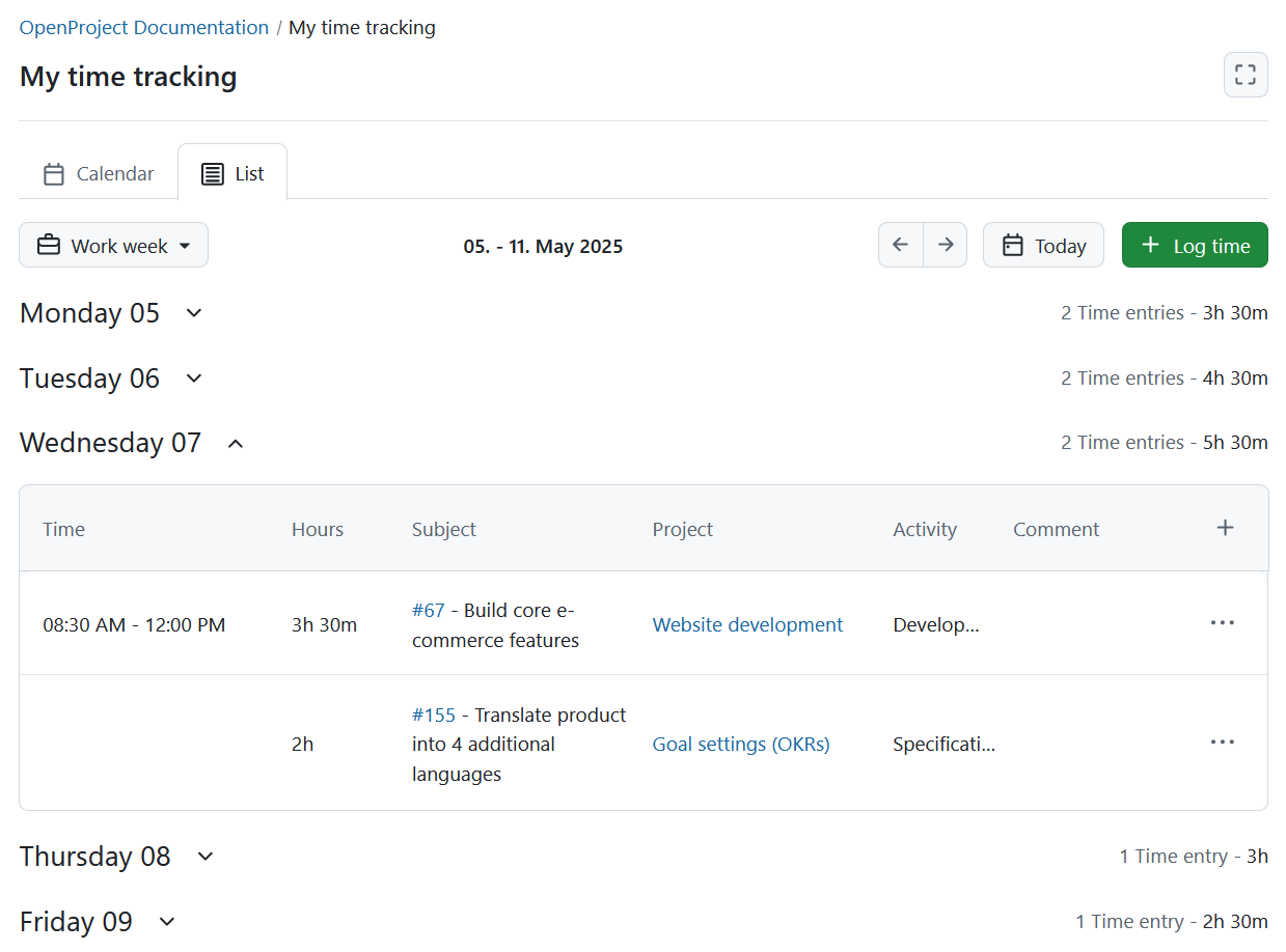 OpenProject’s My time tracking module in list view