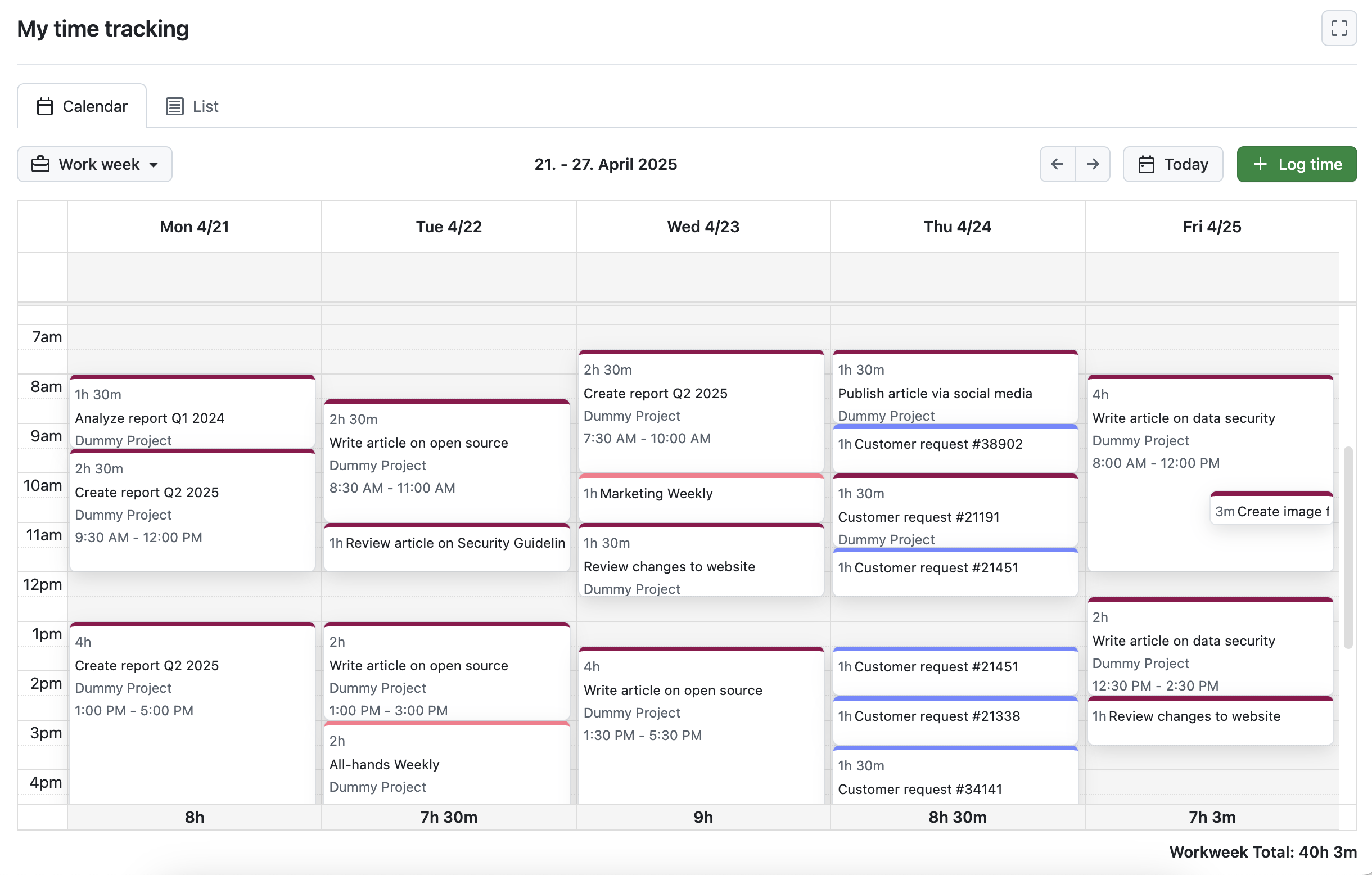OpenProject’s My time tracking module in calendar view, showing a work week with different time entries.