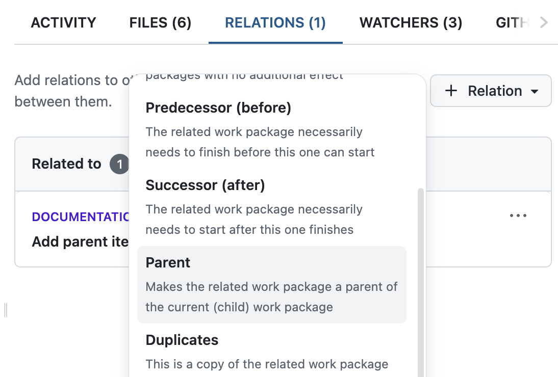 Dropdown in work package Relations tab, showing highlighted Parent relation.