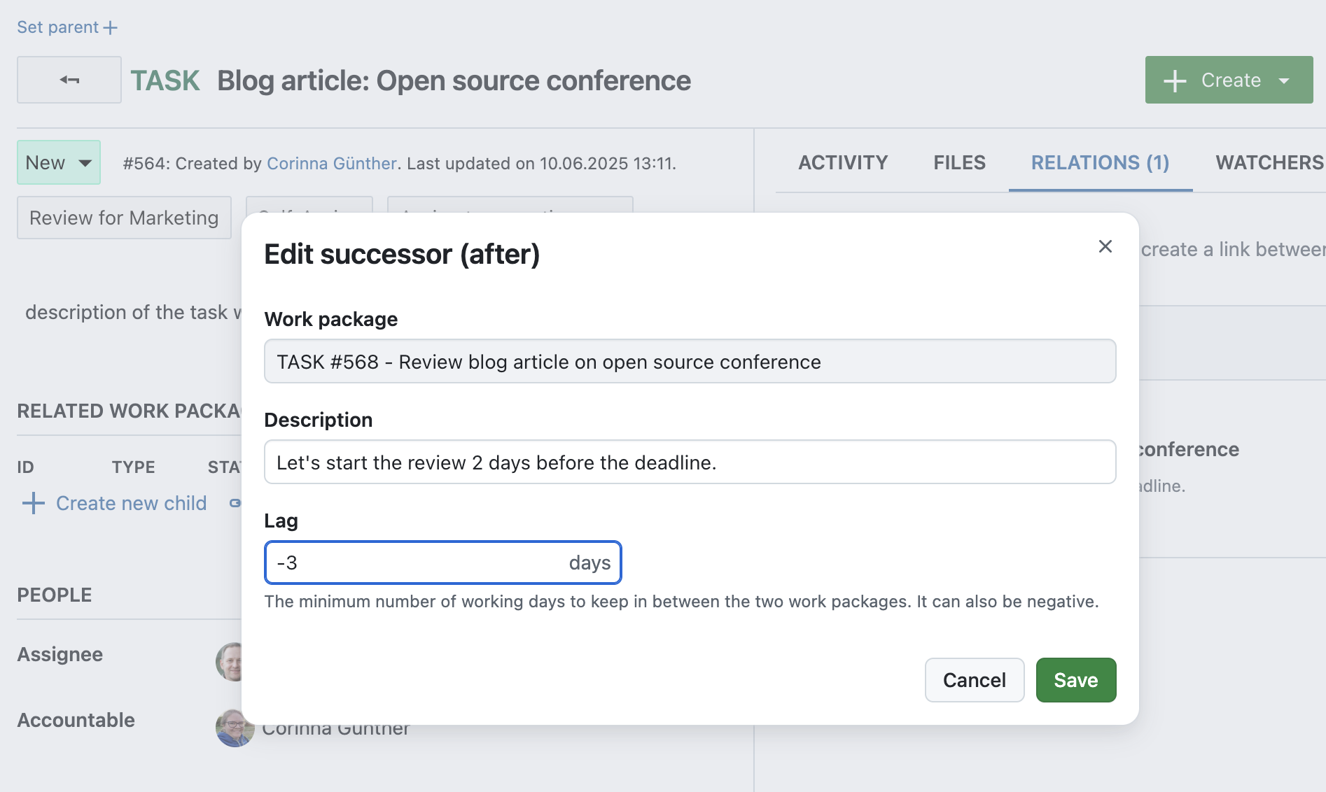 Overlay of editing a successor (after) with a lag of -3 days