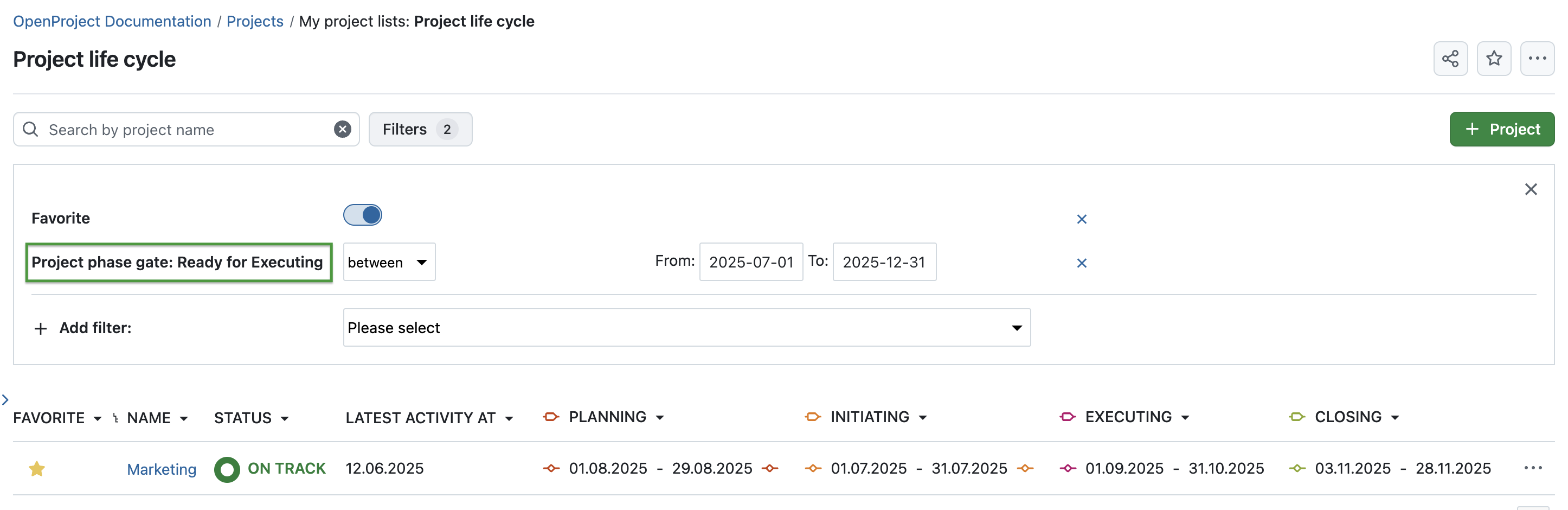 OpenProject project list with a view to display different phases, filtered for project phase gate: Ready for Executing between 2025-07-01 to 2025-12-31
