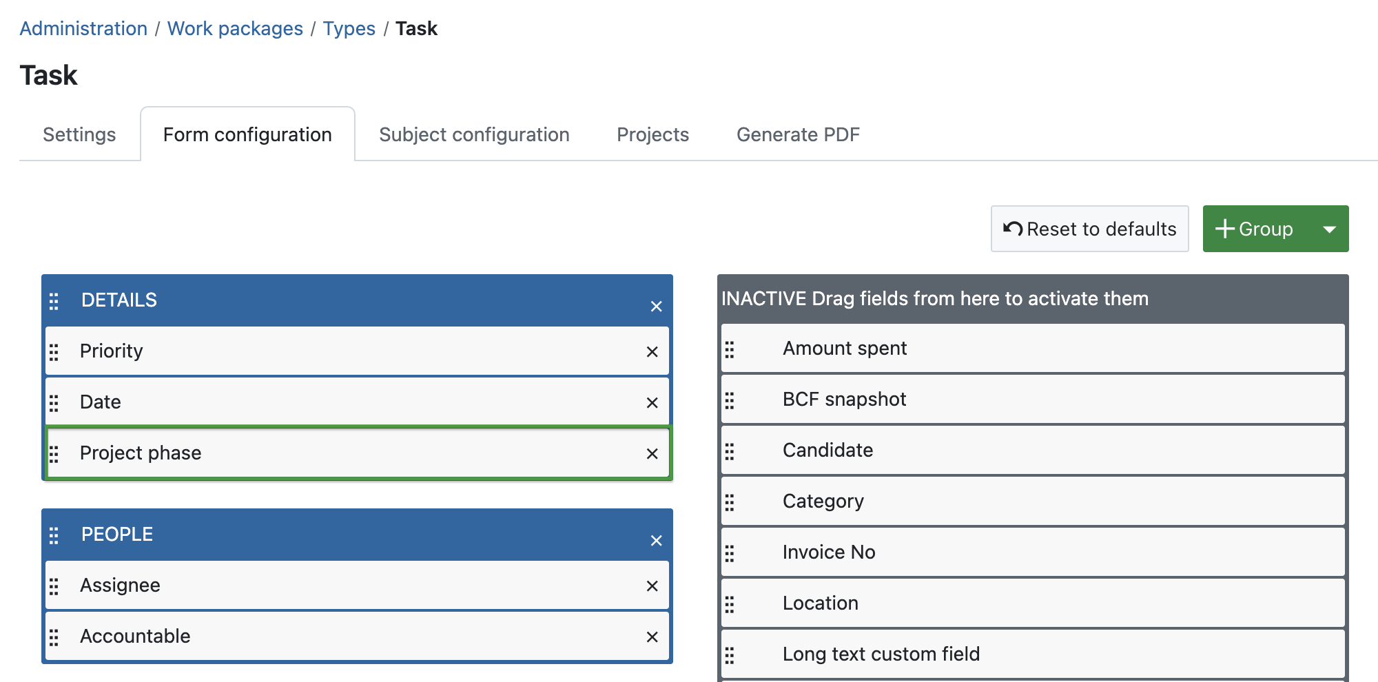 OpenProject administration for work package type Task, the Project phase highlighted under the Details section