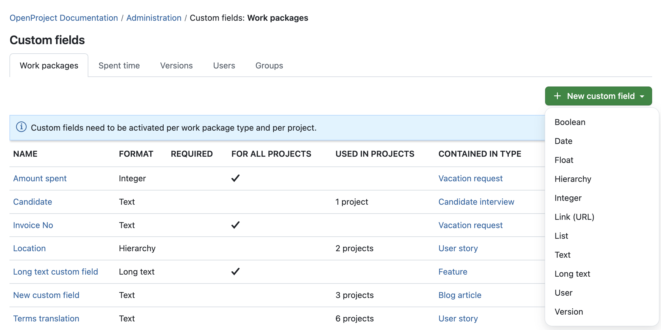 OpenProject administration to add a new custom field: Dropdown lets you choose the type during the first step