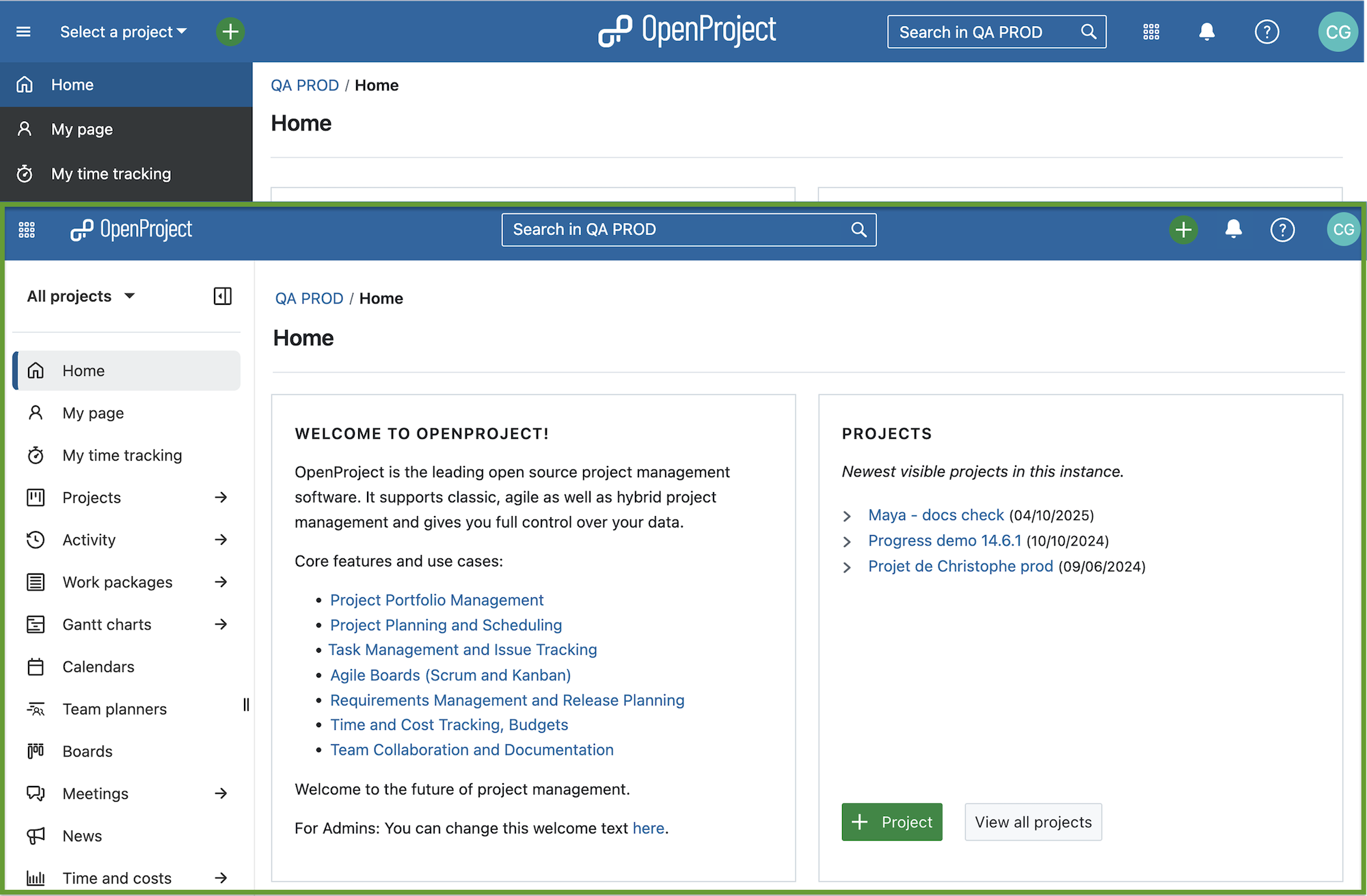 Home Page in OpenProject in comparison: Version 16.1 and Version 16.2 with updated header and sidebar