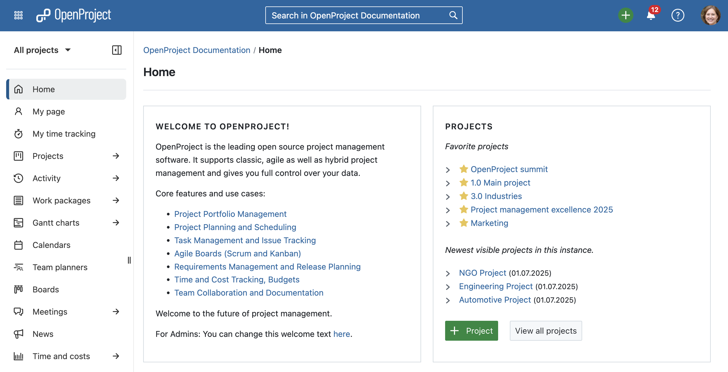 OpenProject Home page with the new header and sidebar navigation and design