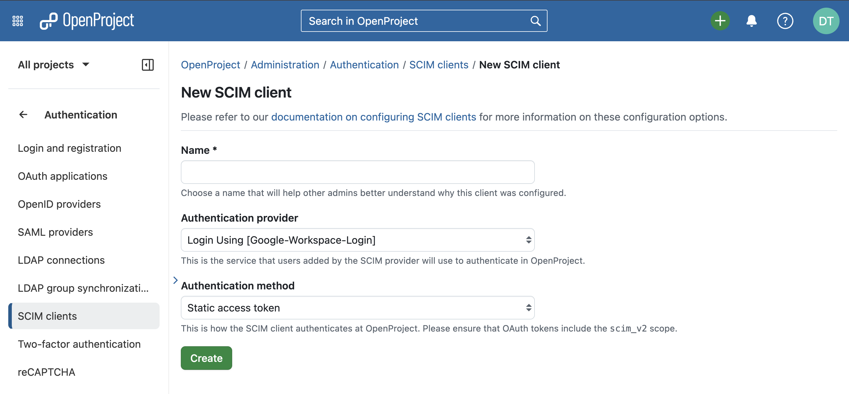 OpenProject administration with option to add a new SCIM client