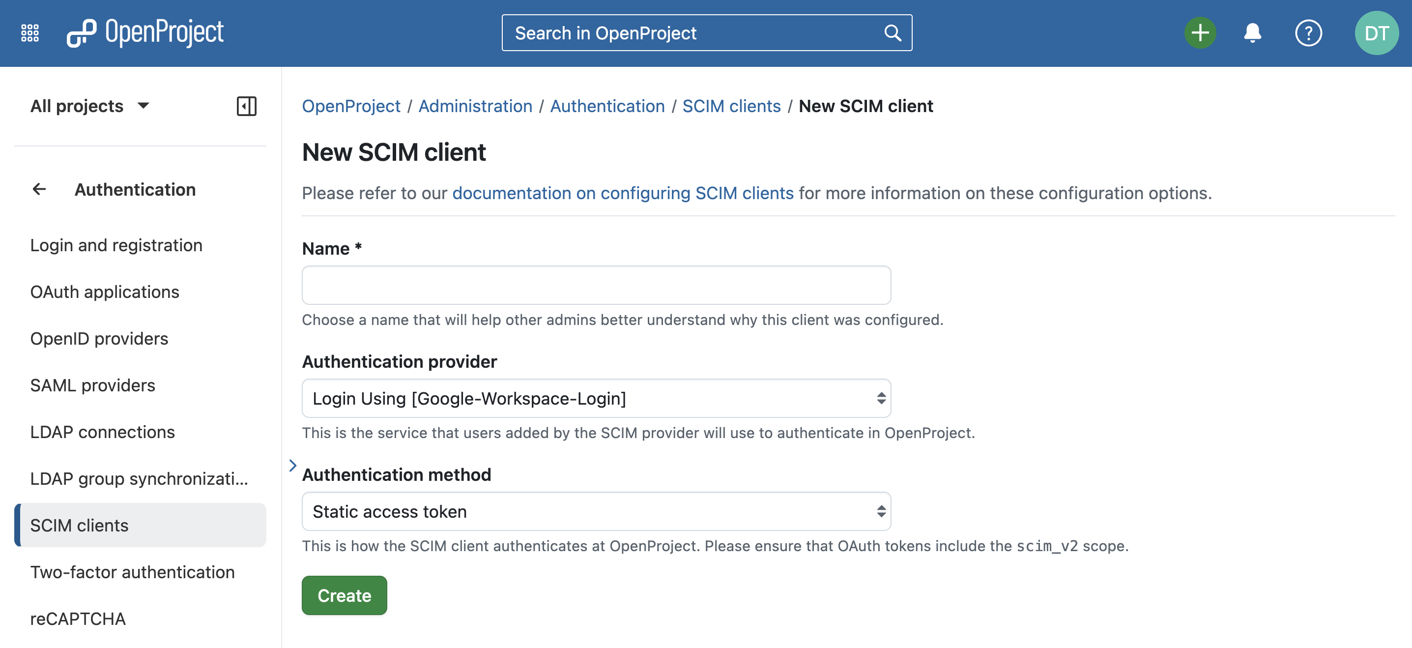 Screenshot of the OpenProject administration to add a new SCIM client