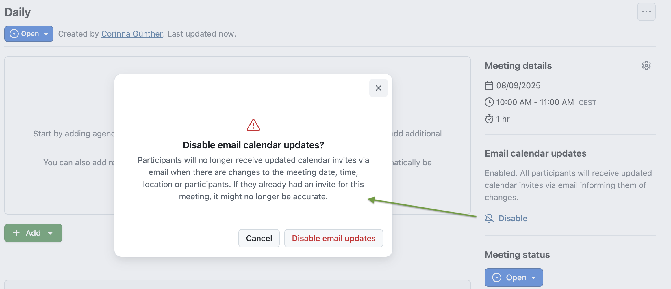 Screenshot der OpenProject-Besprechungsvorlage mit Overlay zum Deaktivieren von E-Mail-Benachrichtigungen