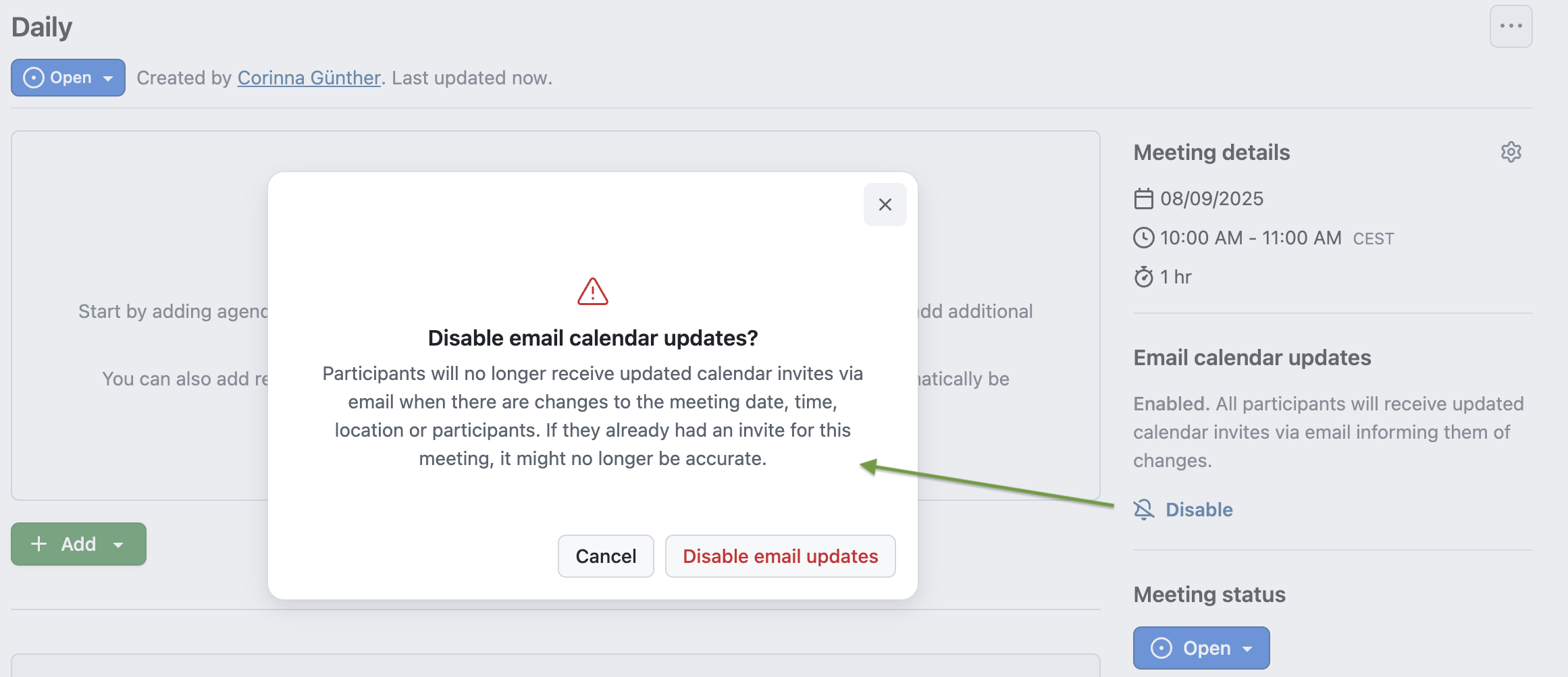 Screenshot showing OpenProject meeting template with overlay to disable email notifications